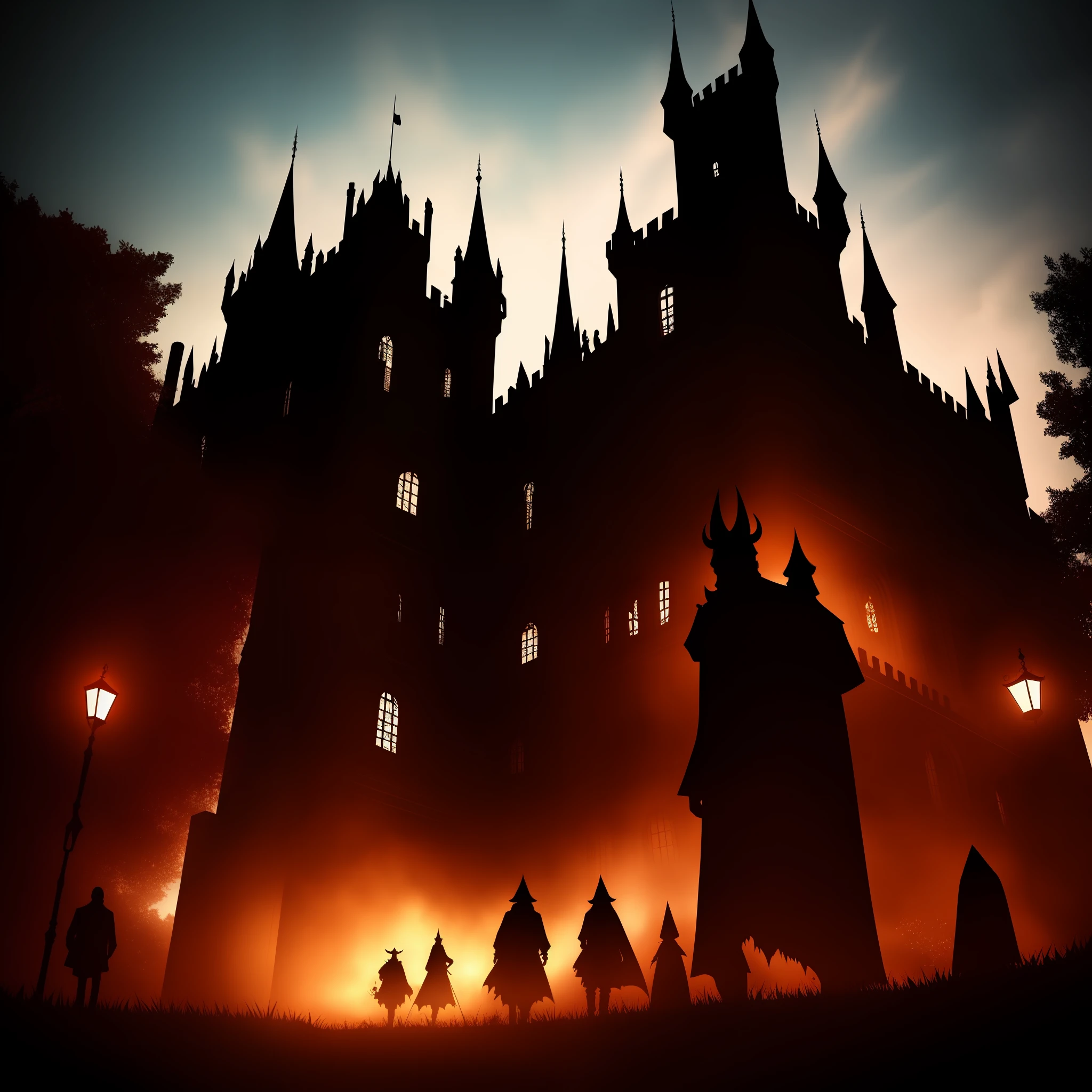 Giant demon, castle background, scary people, dark night, shadows, fear, confusion, realistic