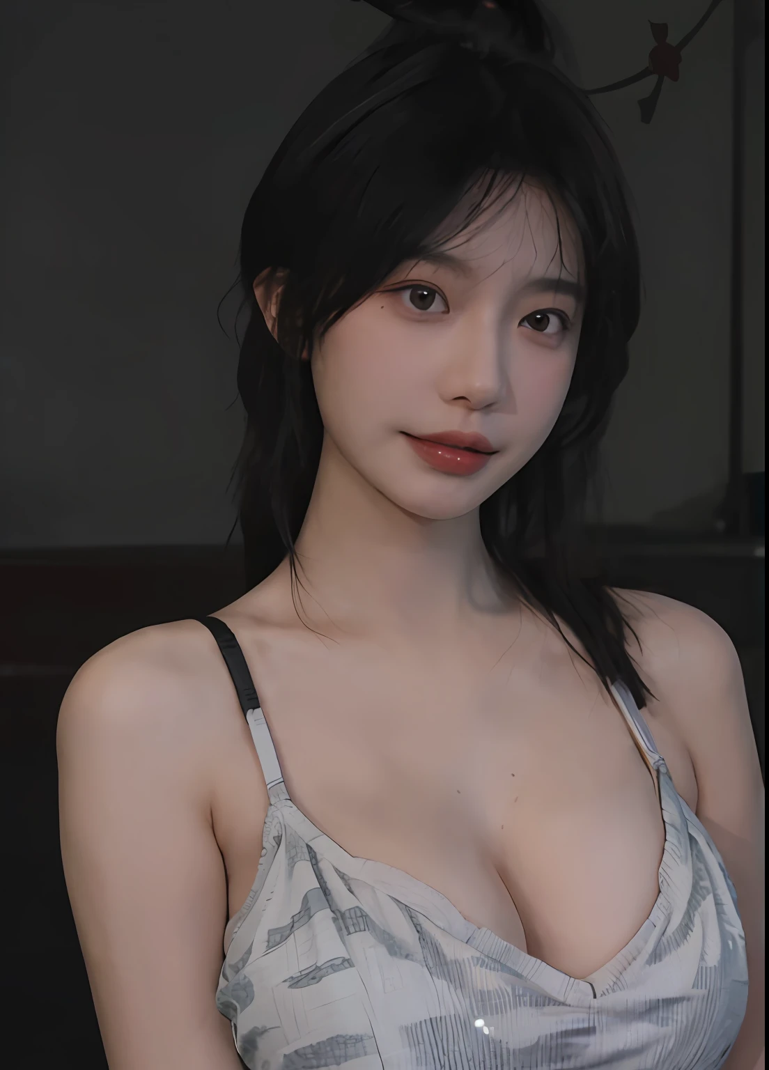 best qualtiy, 超高分辨率, (realisticlying:1.4), one-girl, A pair of clear and moving peach blossom eyes,Royal Sister,(full bodyesbian:1.2)a sense of atmosphere,a beauty girl, ssmile,sea beach,(full bodyesbian:1.2) looking at viewert, closeup cleavage ,(Photorealistic:1.4),1girll,Sexy,(Bikini:1.2),(Black bra:1.5),(Big breasts:1.8),(Upper body:1.4),(Wet body),(:1.2)