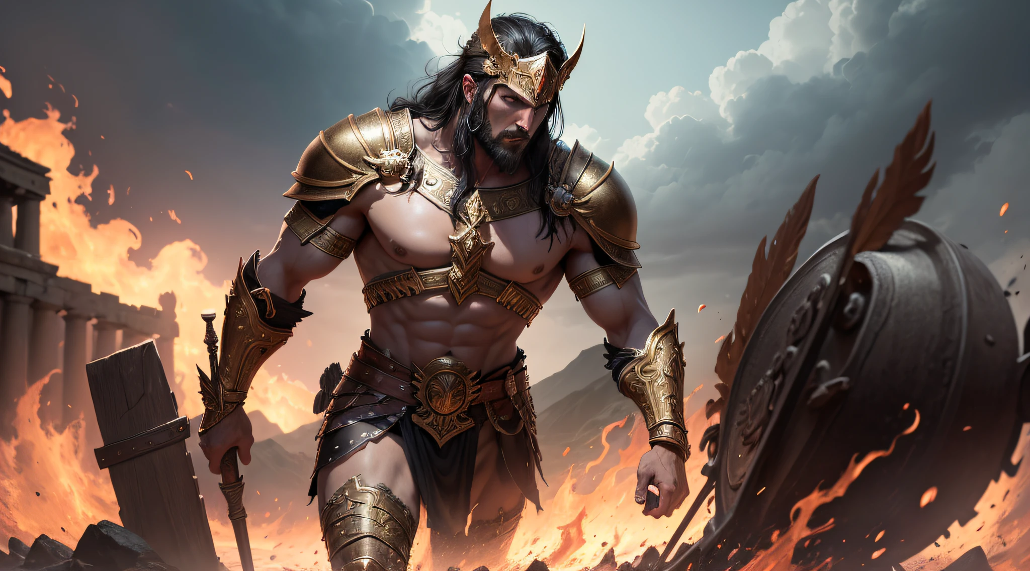 Na imagem fantasiosa de Ares, o poderoso deus grego da guerra, vemos uma figura imponente e feroz, envolta em uma aura de poder e batalha.
He is represented standing, com uma postura forte e intimidadora, usando uma armadura robusta e ornamentada que o protege em combate.
In one hand, he wields his golden spear, symbol of his ferocity and skill on the battlefield. On the other hand, ele segura um escudo imponente, que exibe imagens de conflitos e conquistas, representing his position as the god of war.
Ares' dark hair is disheveled and his features are marked by a determined and courageous expression, demonstrating his warrior and ruthless nature.
Ao seu redor, flames and embers dance, symbolizing the fire of war he brings with him and his ability to incite struggle and courage in the hearts of warriors.
The setting is a battle landscape, with dark clouds hovering in the sky, showing that the battlefield is his true kingdom.
In the distance, We glimpse the armies of gods and mortals, preparando-se para a batalha, in a scene that evokes the chaos and excitement of epic wars.
Ao fundo, Mount Olympus is revealed, highlighting his position as one of the main gods of the Greek pantheon.
This fanciful image of Ares personifies his aura of war and destruction, portraying him as a merciless and formidable warrior god. He is represented as a divine figure whose presence inspires respect and fear, as he leads the warriors in epic conflicts and fights that shape the history of Greek mythology.