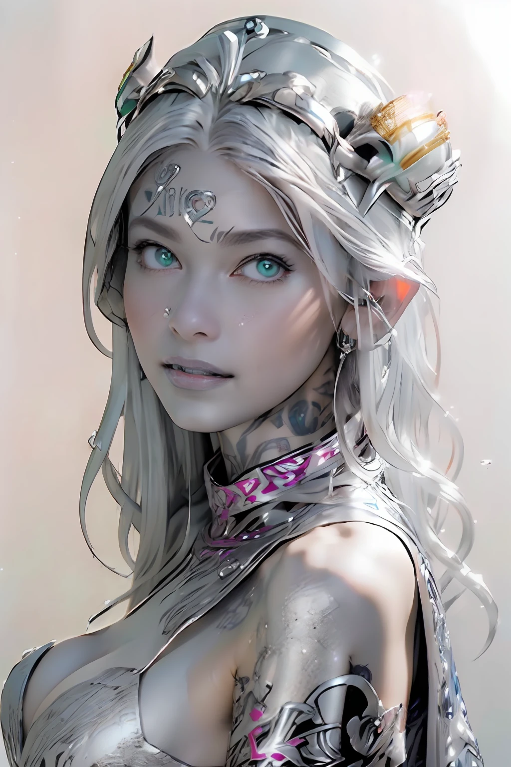 Ultra-detailed complex 3D rendering of the face, (masterpiece, top quality, octane rendering,), glamour shots full body image, very beautiful young elves, cleavage, (highly detailed skin: 1.2), (exposure: 1.1), ((blue micro bikini: 1.95)))). , 8k, (((very soft breasts)), (((conspicuous large pink areola)), beautiful Caucasian woman with white skin with full soft breasts with big buttocks, one, long braided hair, big breasts, dynamic angles, (((huge breasts: 2.4)), ultra-realistic photos, ((((((silver hair)))), futuristic urban background, facial muscles, (((((detailed and glamorous silver crown)))), In the style of Marvel Comics, ArtStation Trends, Clear Focus, Intricate Details, Very Detailed, Detailed Green Eyes, Sharp Focus, Digital Rendering, Professional, Abs, Lip Gloss, Glossy Skin, Sexy Pose, Golden Tattoo All Over Body, Silver Pattern All Over Body, Silver Lame Skin, Gold Glitter Skin, Mansuji, Buttocks, Jeweled All Over the Body, with silver scales, silver hair,