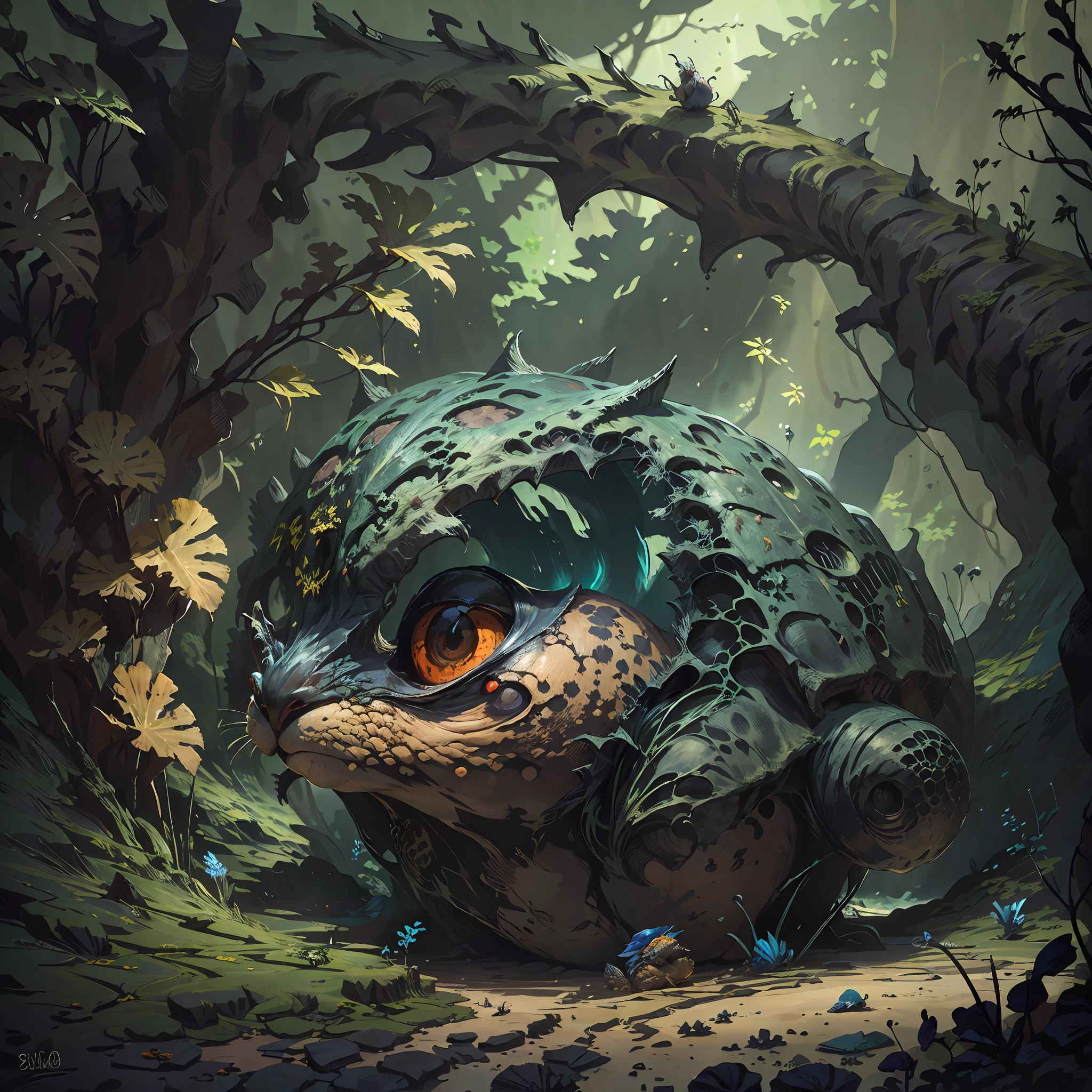 There is a small animal that is in the dirt, close up local, criatura sinistra escondendo detalhado, Fotografia tirada em 2 0 2 0, Hiding behind obstacles, newts, imagem de perto, Close do meio, tiro de perto do meio, ninho de aranha, tiro muito perto, abrigando-se sob uma folha, Cave covered with vegetation, hidden area, Escondendo, lurking in the shadows --auto --s2