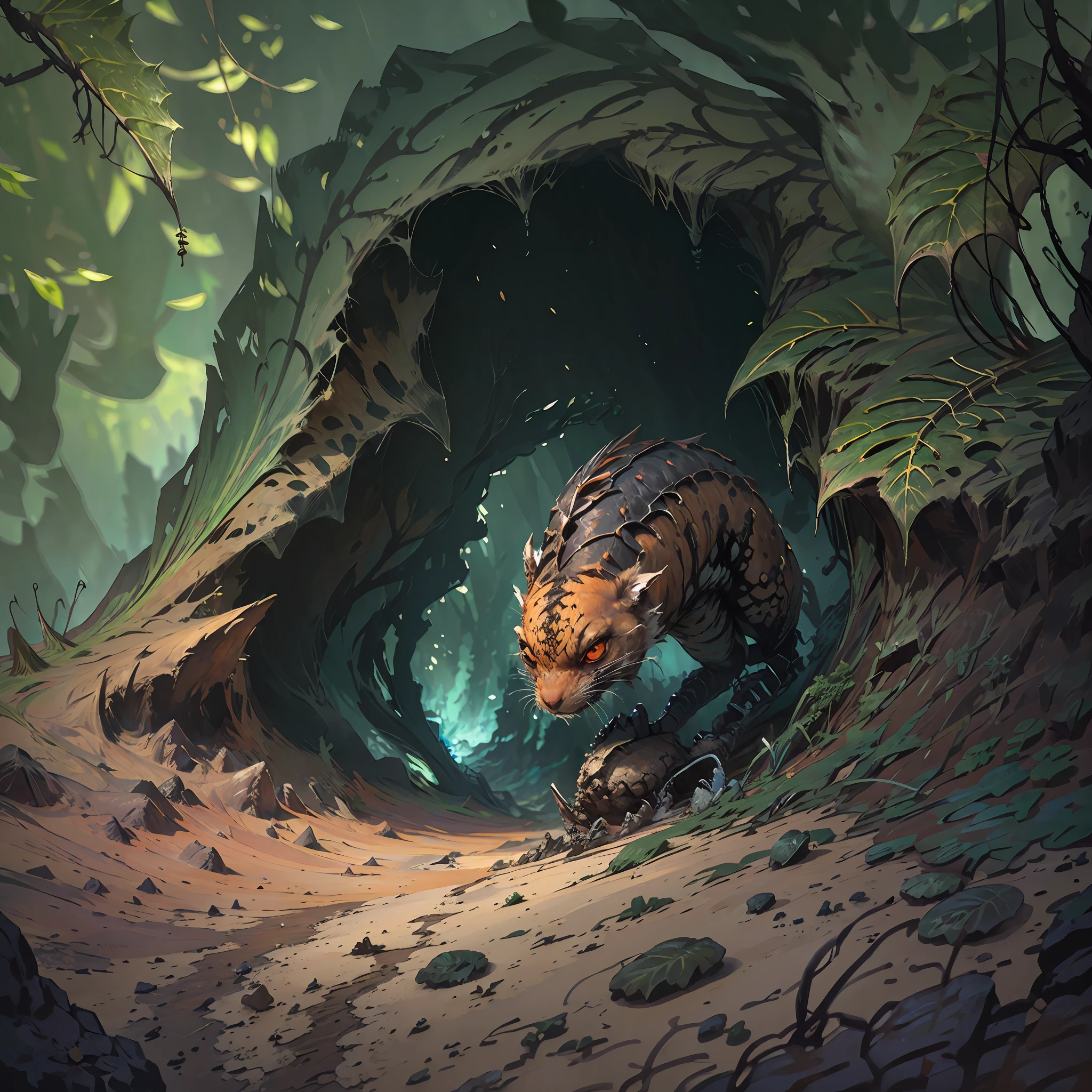 There is a small animal that is in the dirt, close up local, criatura sinistra escondendo detalhado, Fotografia tirada em 2 0 2 0, Hiding behind obstacles, newts, imagem de perto, Close do meio, tiro de perto do meio, ninho de aranha, tiro muito perto, abrigando-se sob uma folha, Cave covered with vegetation, hidden area, Escondendo, lurking in the shadows --auto --s2