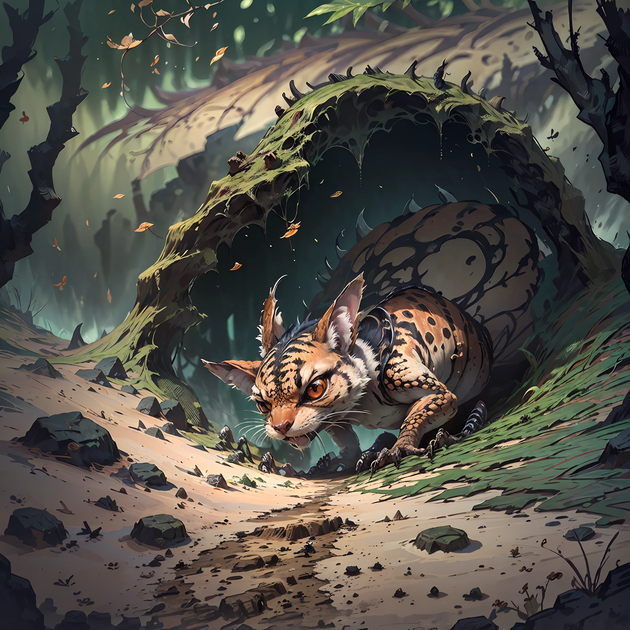 There is a small animal that is in the dirt, close up local, criatura sinistra escondendo detalhado, Fotografia tirada em 2 0 2 0, Hiding behind obstacles, newts, imagem de perto, Close do meio, tiro de perto do meio, ninho de aranha, tiro muito perto, abrigando-se sob uma folha, Cave covered with vegetation, hidden area, Escondendo, lurking in the shadows --auto --s2
