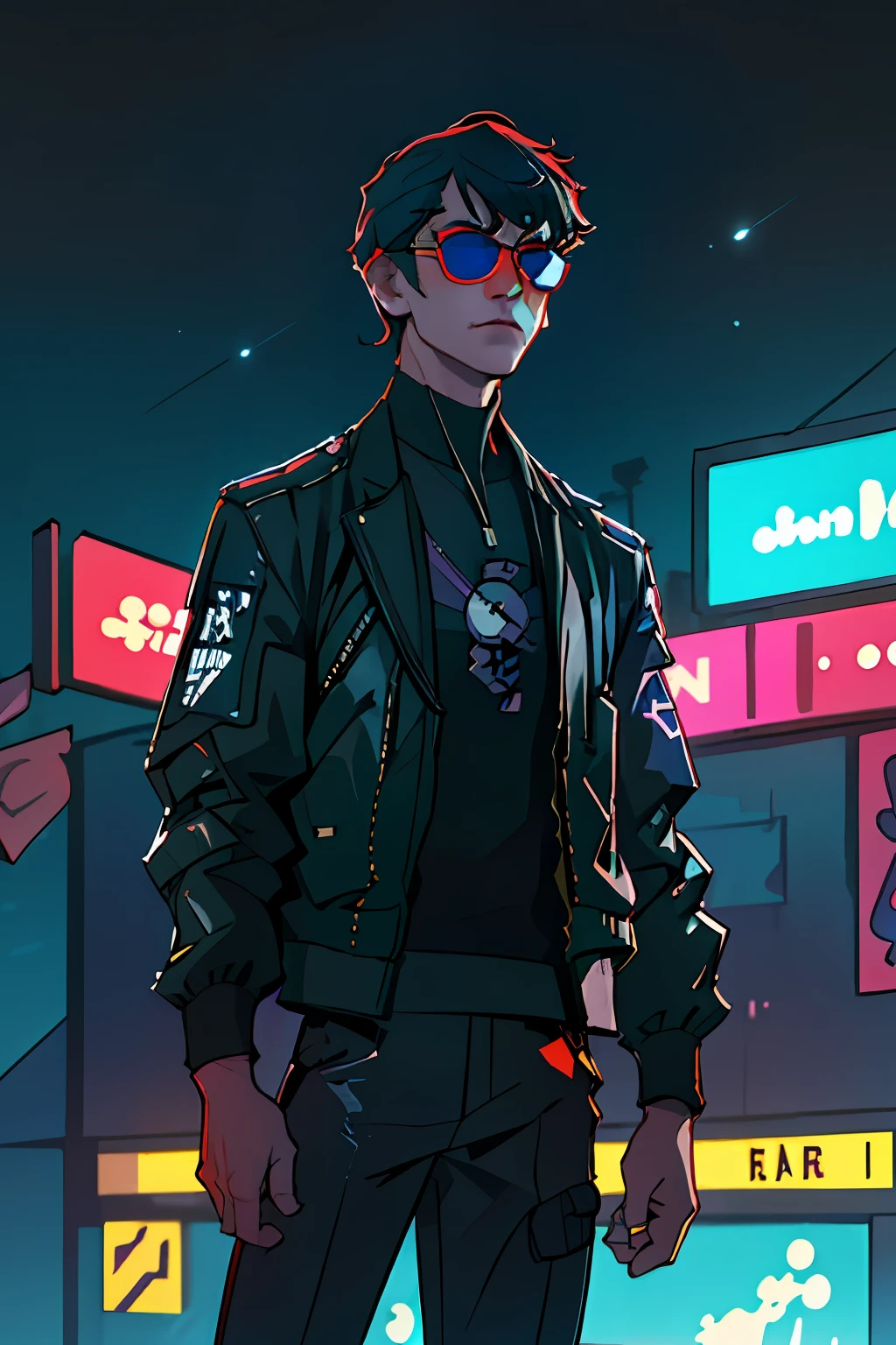 (best quality, masterpiece1.2), (detailed eye: 1.2), complex detail, depth of field, 1boy, Man, Men, boy, city, cyberpunk, neon, neon lights, night, moon, three-quarter view, rope, sunglasses, oldman, military