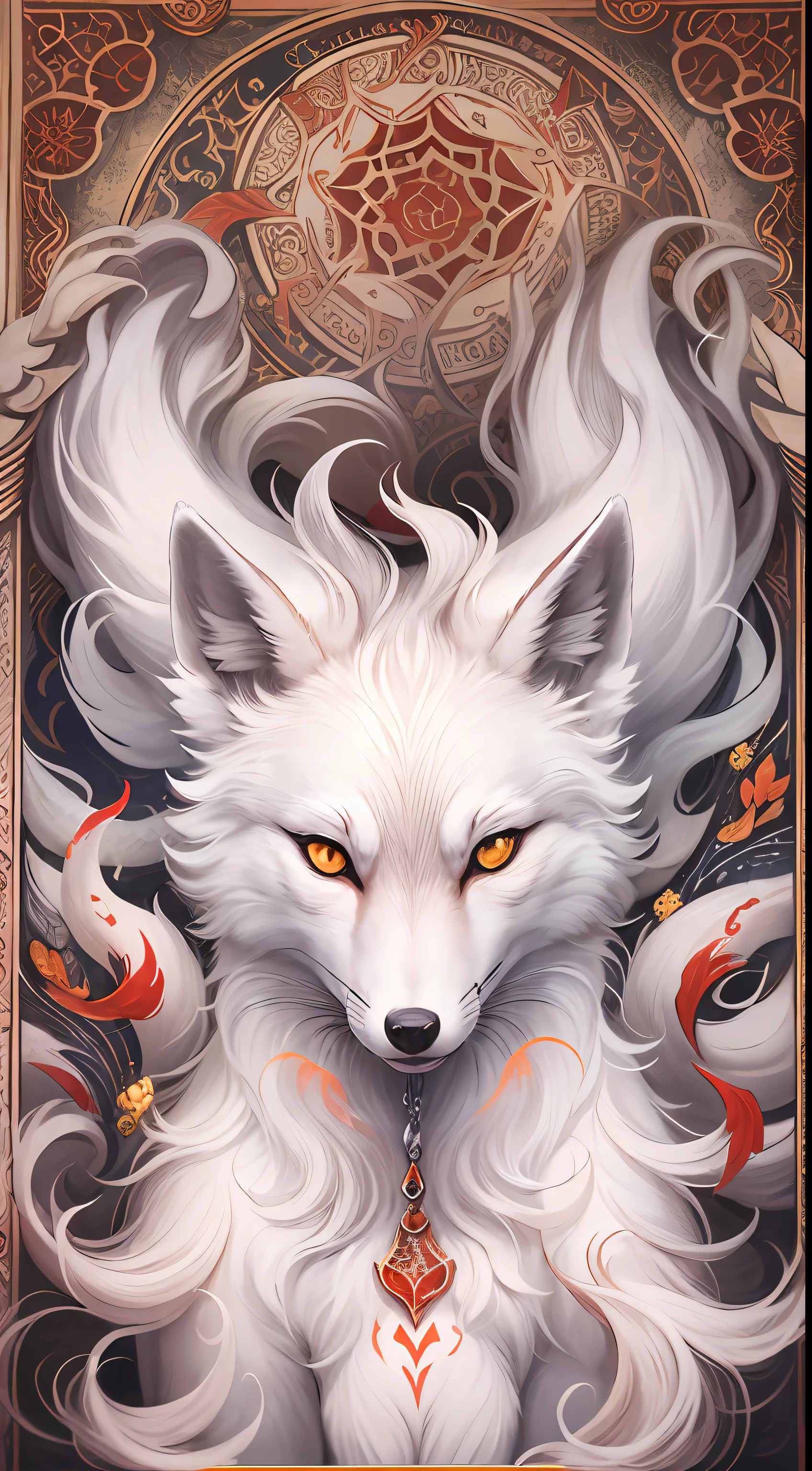 A mythical white fox with nine tails, looking directly at viewer,white with some red tattoos