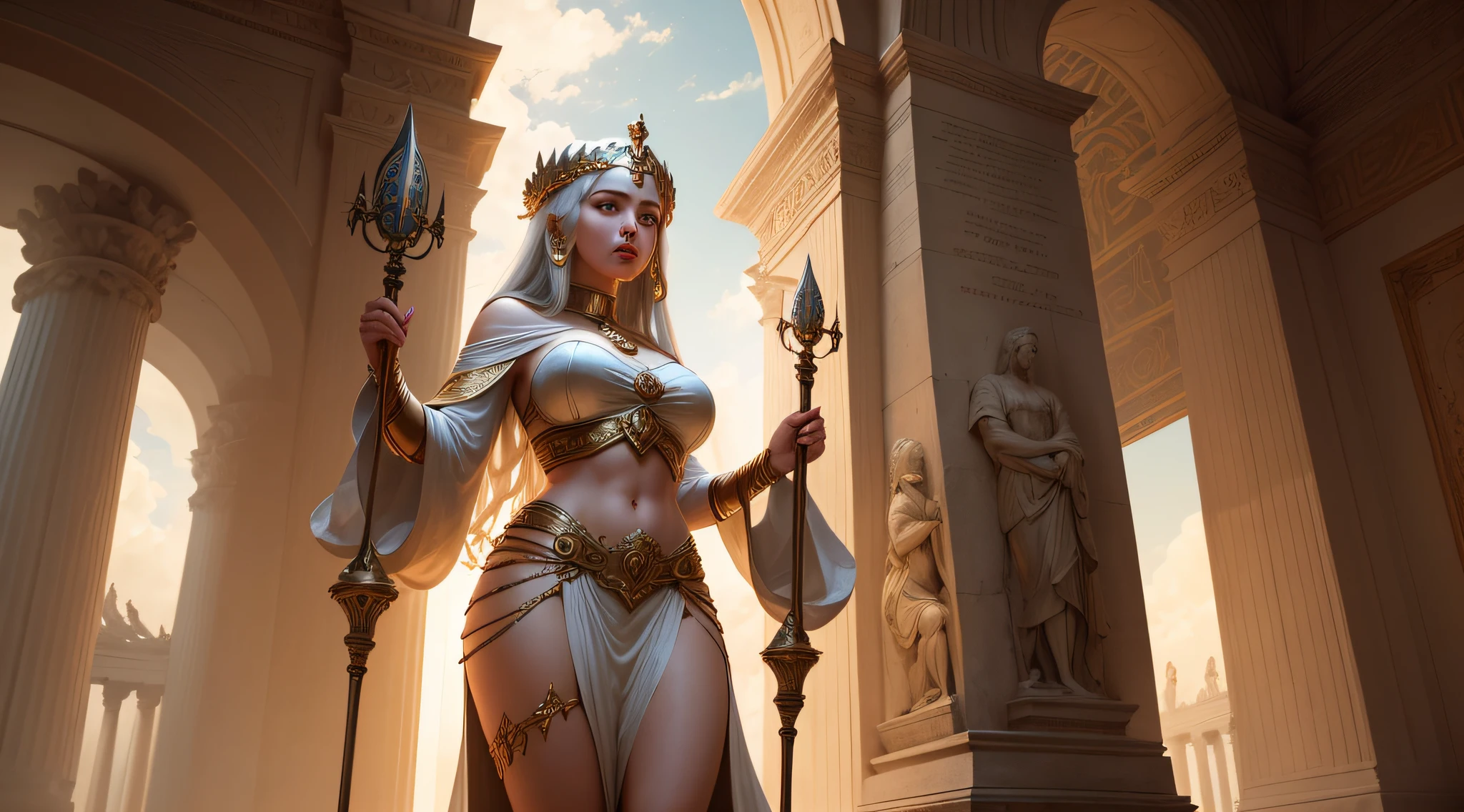 Na imagem fantasiosa de Atena, a deusa grega da sabedoria, da guerra justa e das artes, vemos uma figura impressionante e inspiradora, shrouded in an aura of intelligence and strength.
She is depicted in its grand and majestic temple, surrounded by imposing columns that evoke the classical architecture of ancient Greece.
A pele de Atena brilha com um brilho suave, symbolizing his divine wisdom and his knowledge beyond mortals.
Her dark, shiny hair is stuck in an intricate arrangement, revealing his dedication to order and discipline.
Athena is dressed in imposing armor, which reflects her position as goddess of just war, and an elegant tunic, representing their connection to the arts and culture.
In one hand, she holds a spear, symbol of his ability to protect and fight in defense of justice and civilization.
On the other hand, ela segura um rolo de pergaminho, representing her quest for wisdom and her role as patron of the arts and science.
Ao seu redor, owls fly in circles, symbolizing your connection to these wise birds, who are considered his messengers and symbols of wisdom.
in sky, estrelas brilham intensamente, representing her association with the cosmos and the vastness of the knowledge she holds.
The setting is a landscape of knowledge and learning, com bibliotecas e salas de estudo ao redor, reflecting her position as goddess of wisdom and education.
This fanciful image of Athena personifies her wise and powerful aura, portraying her as a magnanimous and inspiring goddess. She is represented as a divine figure whose presence inspires admiration and respect, enquanto ela guia e protege os mortais em suas buscas por sabedoria, art and justice.
