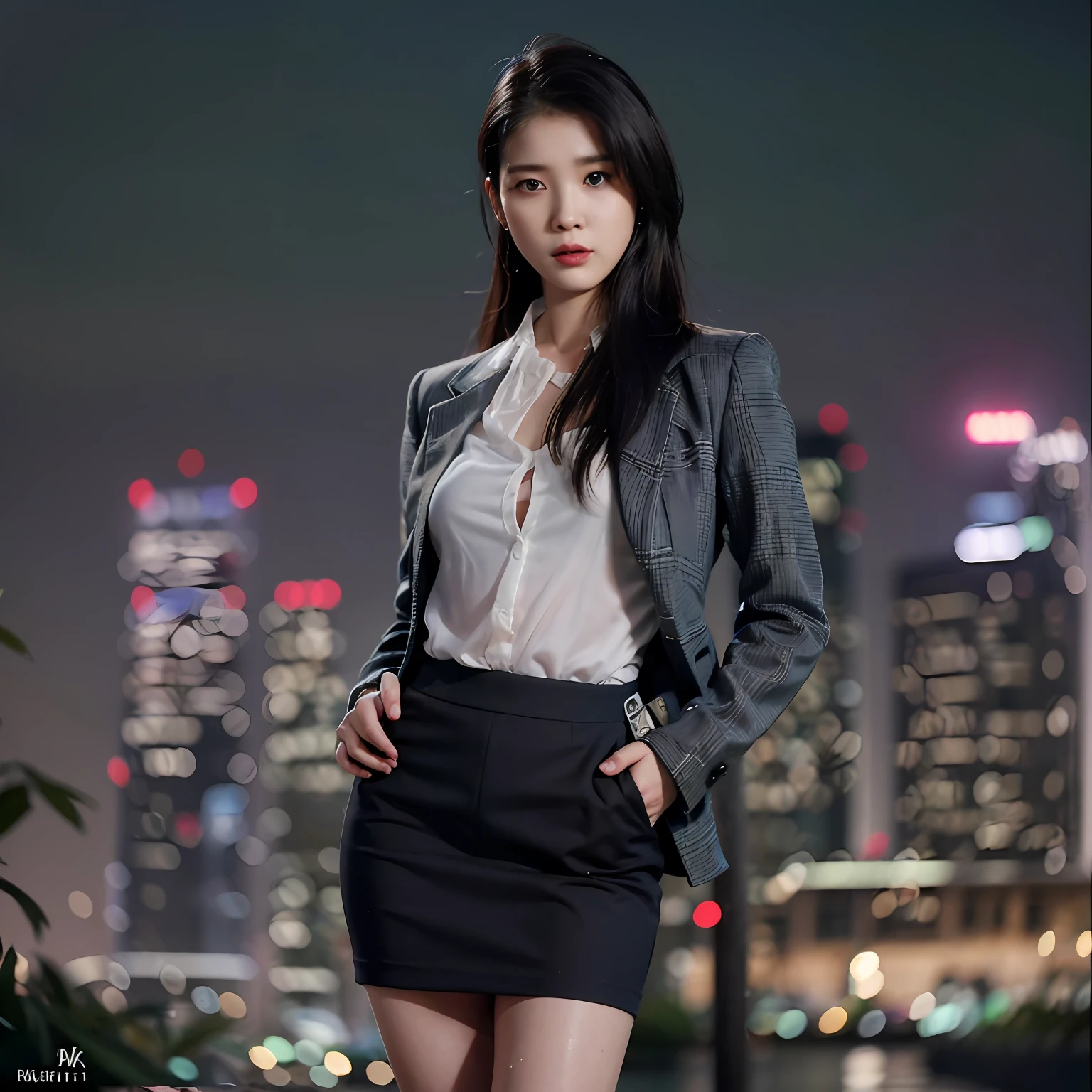 nikon RAW photo,8 k,Fujifilm XT3,photorealistic,realistic, solo, photorealistic, best quality, ultra high res, (skin spots:0.1) serious expression, , standing against a city skyline at night,business suits, short, wet and tight shirt,Suit skirt beautiful, masterpiece, best quality, extremely detailed face, perfect lighting, solo,1girl, sexy sight best quality, ultra high res, photorealistic, ultra detailed, masterpiece, best quality, iu1, big buttocks, lee ji-eun