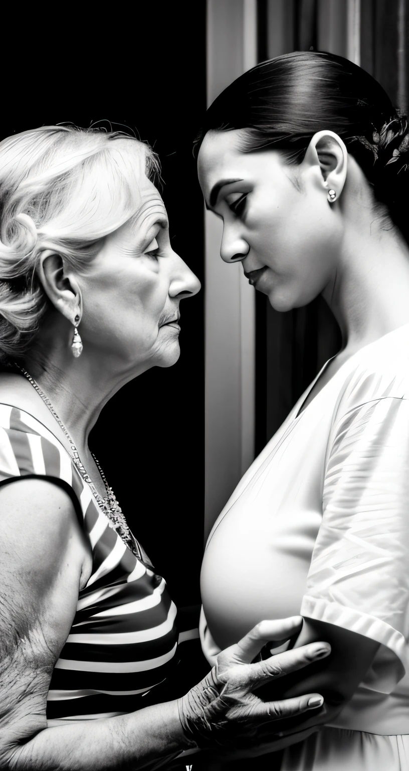 I want an image of a mother and a daughter, The mother must be looking at her daughter with a look of detachment and competition, Lady of 58 to 60 years with narcissistic personality and daughter of 28 to 38 years trapped in the sphere of the mother due to codependency