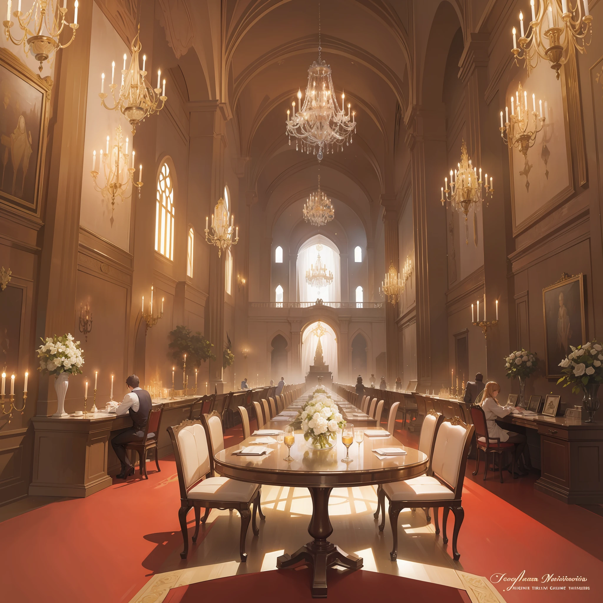 (obra-prima, maximum quality) The giant and golden refectory of a medieval Renaissance castle of much luxury and wealth. Janelas vitrais com uma luz quente, illuminated by magnificent lamps and chandeliers. Its giant tables are surrounded by beautiful padded chairs.