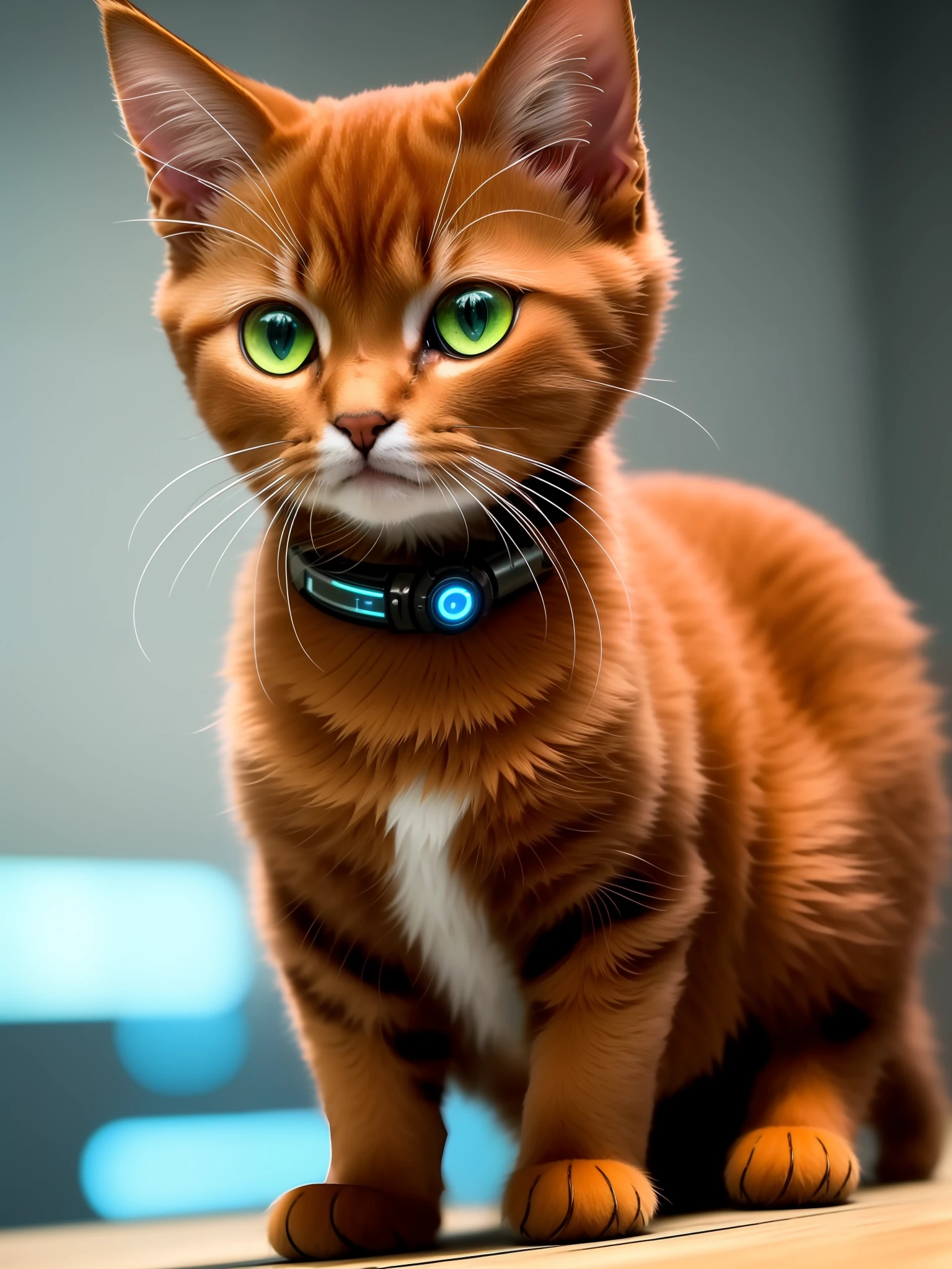 The type of cat is Abyssinian、a cute kitten made of metal、cyborgs、Cyberpunk style、((intricate-detail))、hdr、((intricate-detail、ultra-detailliert))、Cinematic Shots、vignettes、The color of the metal is Goal Metallic