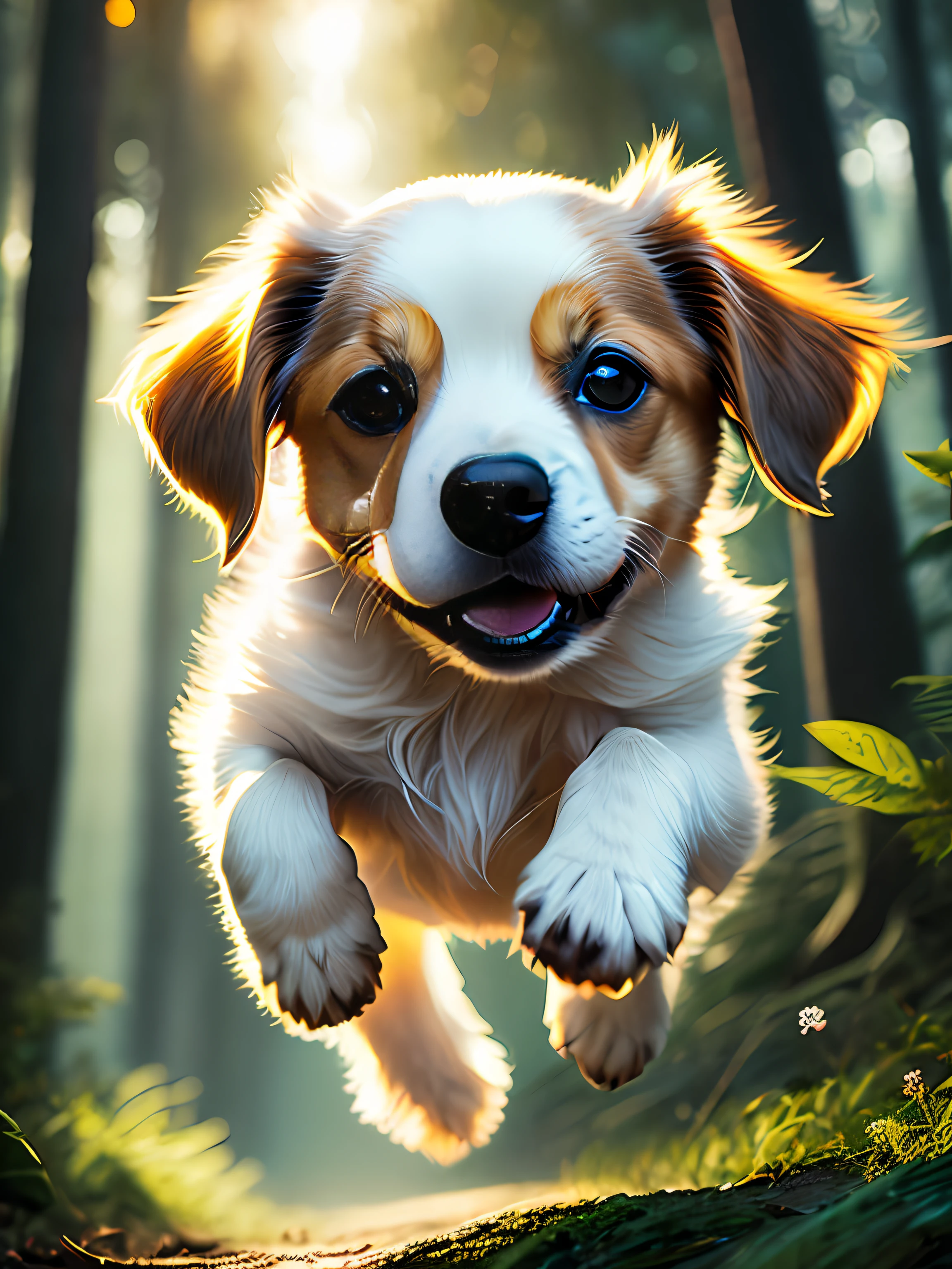 close up photo of a very cute jumping puppy in the forest, soft volumetric lights, (backlit:1.3), (cinematic:1.2), intricate details, (ArtStation:1.3), Rutkowski