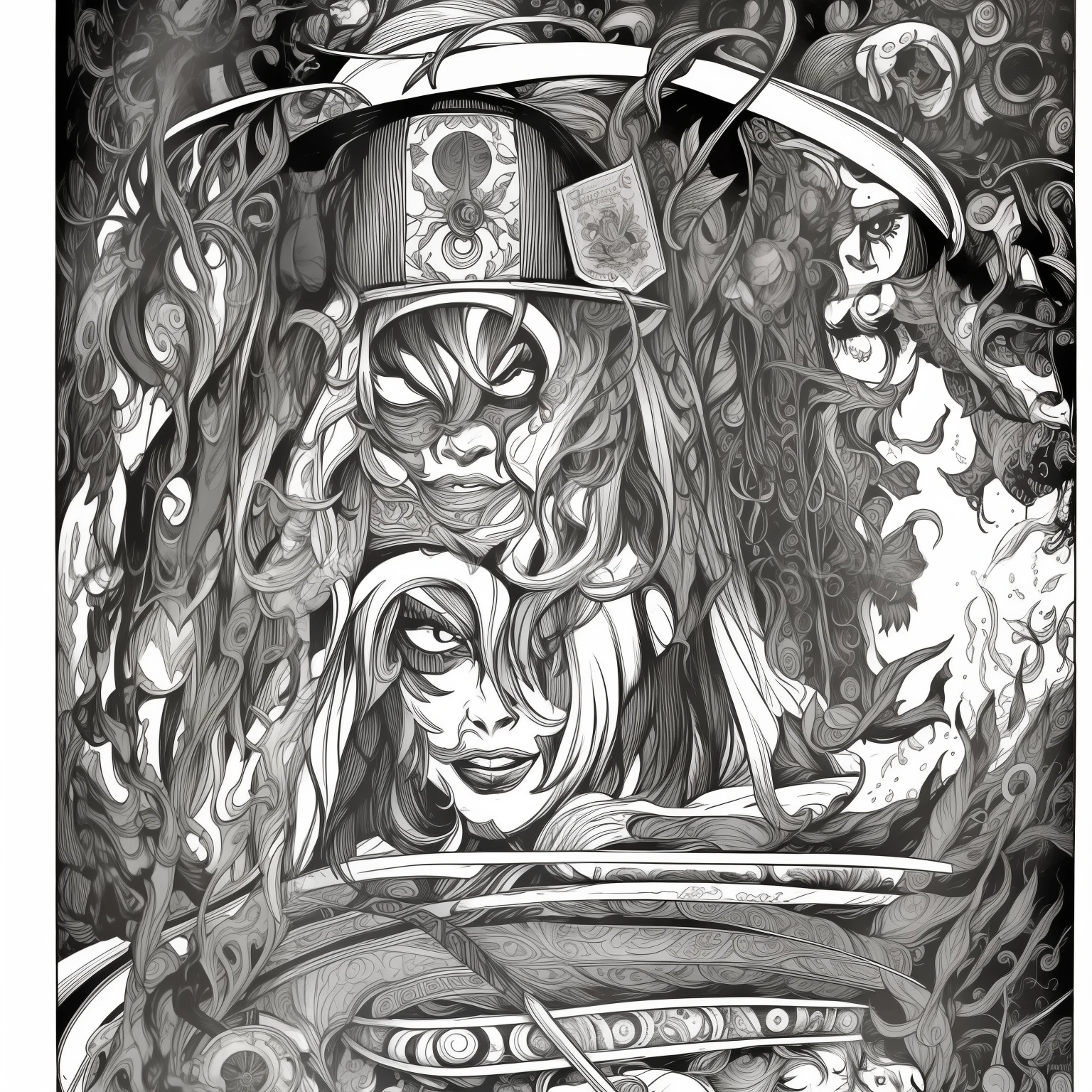 black micron pen illustration of a witch fortune-teller, gary chalk, highly detailed, lineart, line art contour, ballpoint, pen, black and white, 80s comic book, Uk comic book style, medieval gravure