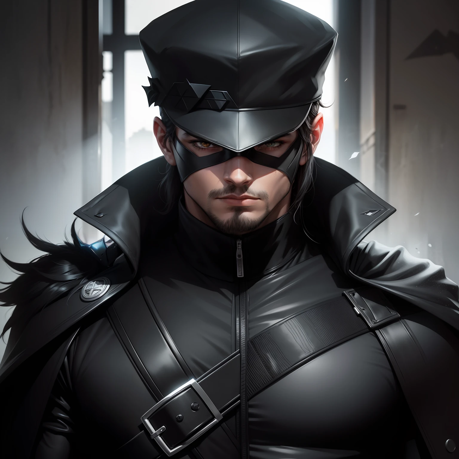 O Vigilante da Sombra, with black overcoat and black cap with black band