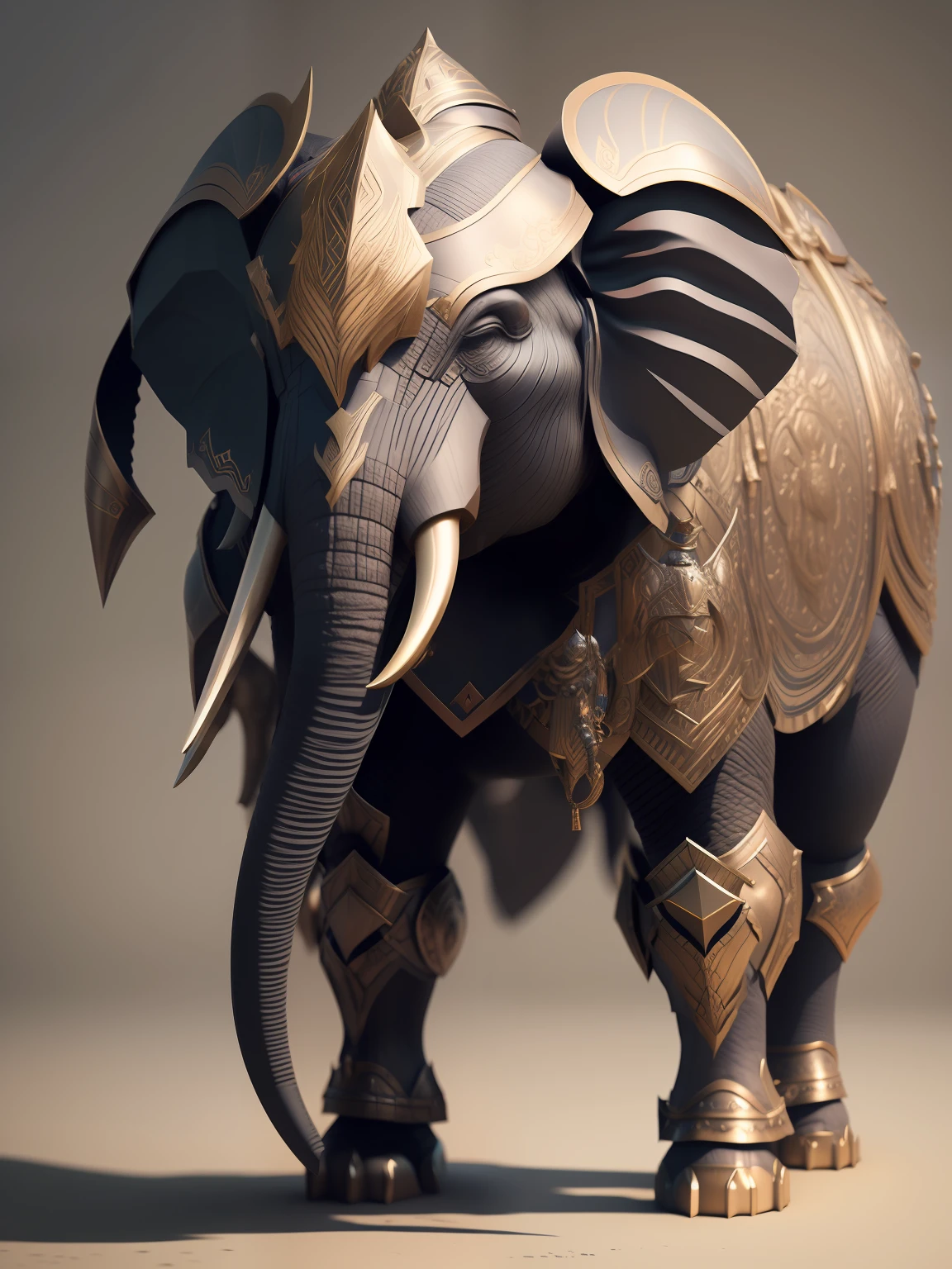 There is an elephant statue in armor with a helmet.., Armored Elephant Knight, fantasy character octane render, Elephant King, hyperdetailed fantasy character, fantasy style 8 k octane render, The gigantic elephant king.., wlop : : 6-octane display : : 3, 3 d render stylized, 3D character display, (octanerender) Fantasy style