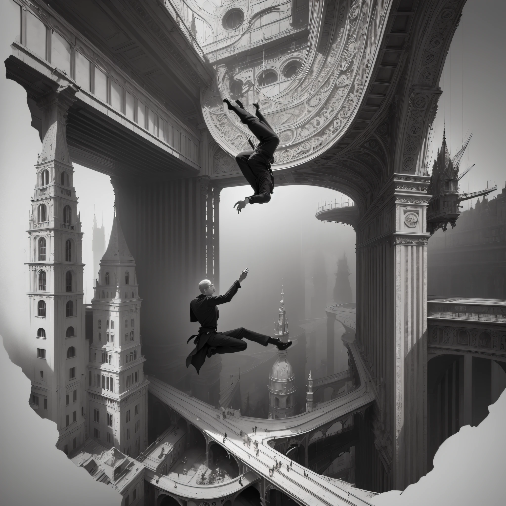 artwork concept M.C Escher+Clark Ashton Smith +Digital colage+vintage+
architetural Art+ creepy+ b/w photography by Pierre verger+style Fusion+,yellow mist,
atmospheric, , Aerial acrobatics design by +Ridley Scot, hyperrealistic+, 4K, Octane -upscale --auto --s2