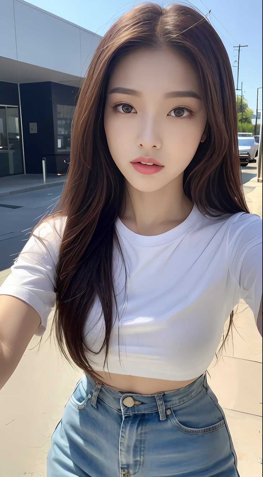 ((Realistic lighting, Best quality, 8K, Masterpiece: 1.3)), Clear focus: 1.2, 1girl, Perfect Figure: 1.4, Slim Abs: 1.1, ((Dark brown hair)), (White oversize t-shirt : 1.4), (Outdoor, daynight: 1.1), home,Super fine face, Fine eyes, Double eyelids, full body