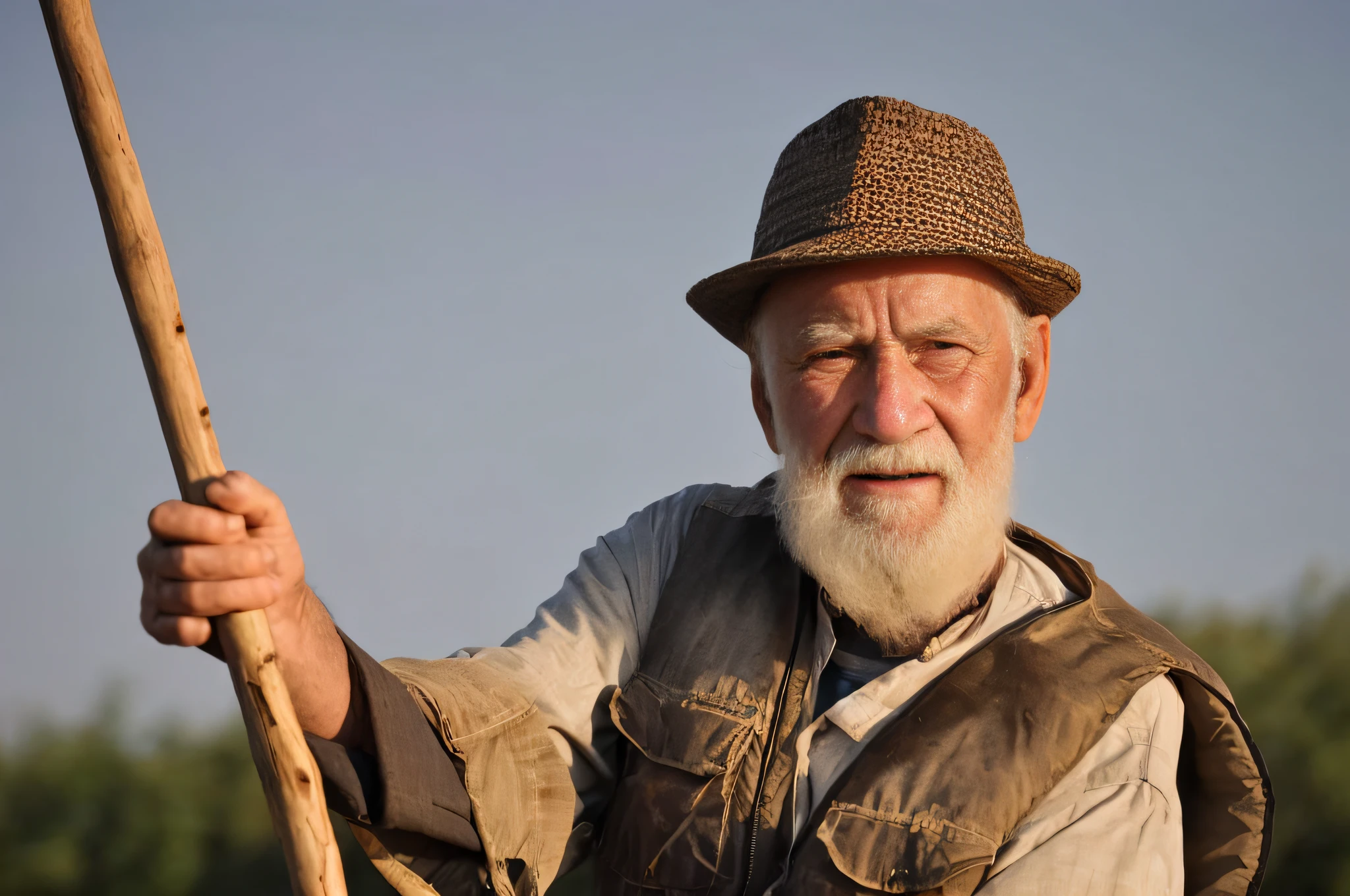 There's a man with a beard and hat holding a stick, Wise old man, um velho, um velho, agricultor, foto do retrato de um homem velho, old man, macho velho, um homem de 80 anos, homem com foice, foto de um homem, retrato do homem velho, um velho com barba de gengibre, O olhar de um idoso