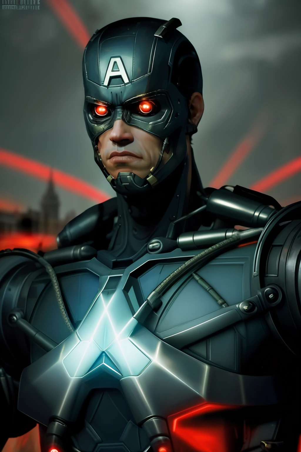 like Captain America 8k, high definition, detailed face, detailed face, detailed eyes, detailed suit, Marvel and DC style, hyper-realistic, + cinematic shooting + dynamic composition, incredibly detailed, sharp, details + superb details + night with light + perfectionism + award-winning realism ((grumpy lighting)),(upper body)