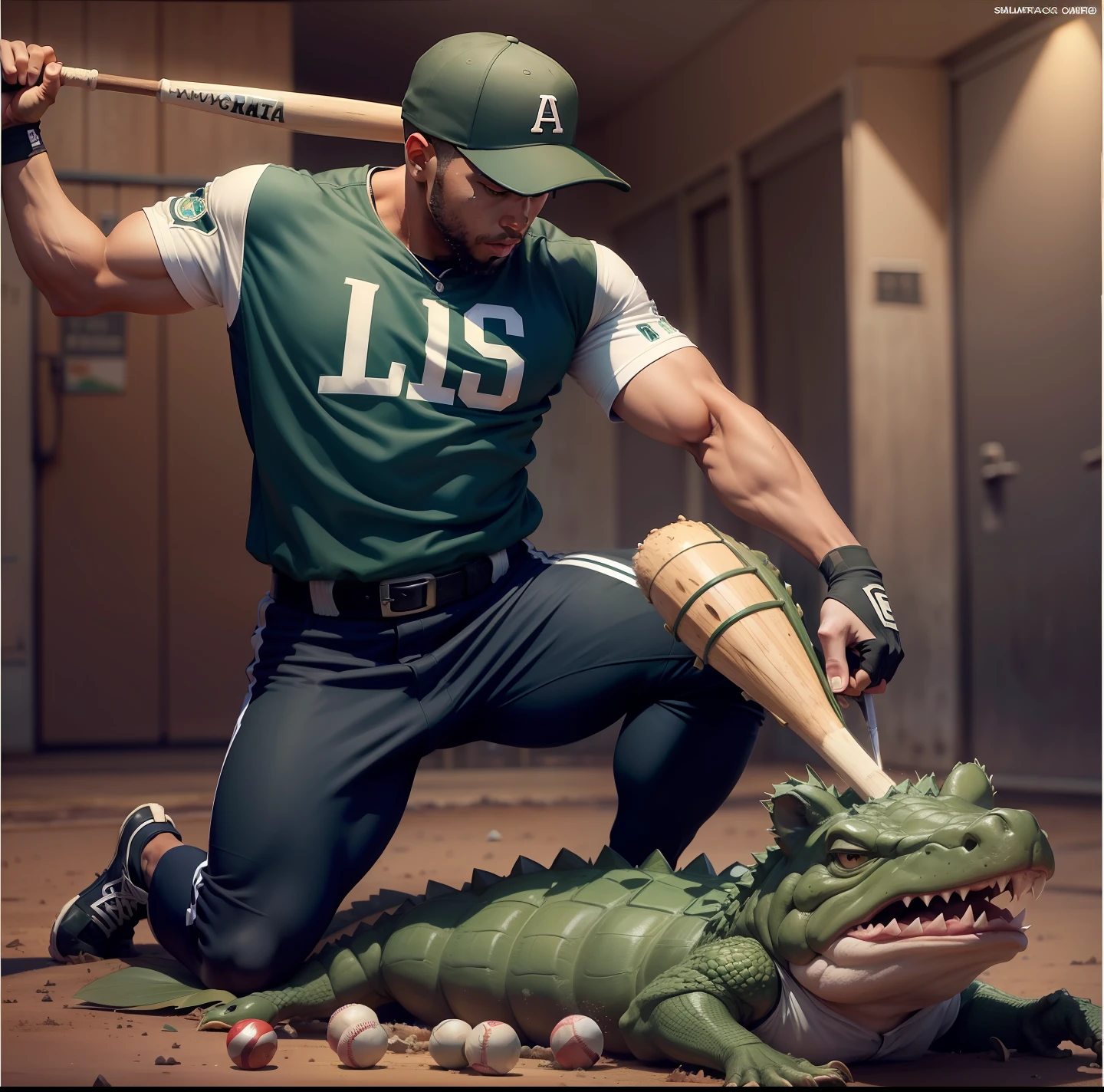 A baseball player, Un hombre negro. Su uniforme combina los colores Blanco, verde, rojo, siendo el color blanco mayoritario en el uniforme. El uniforme tiene un cartel que identifica a su equipo con Las Tunas, En la manga derecha del uniforme un logotipo de la planta de nopal muy linda. The baseball player is hitting a small crocodile with his bat.