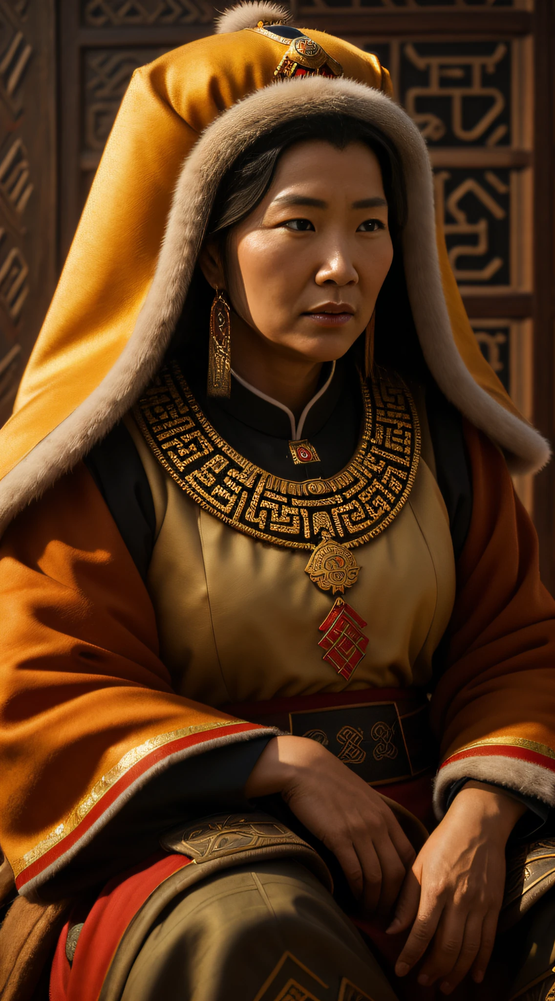 {Hoelun, the influential mother of Genghis Khan, portrayed as a crucial advisor of the Mongol Empire in her traditional 13th-century Mongolian attire, her features are wise and determined.}, 4K Oil Painting, Greg Rutkowski Inspired, Art Station, 35mm, Medium Shot, Octane Render (greg rutkowski:1.1)(4K:1.2)(13th-century Mongolian attire:1.15)(Mongol Empire:1.3).
