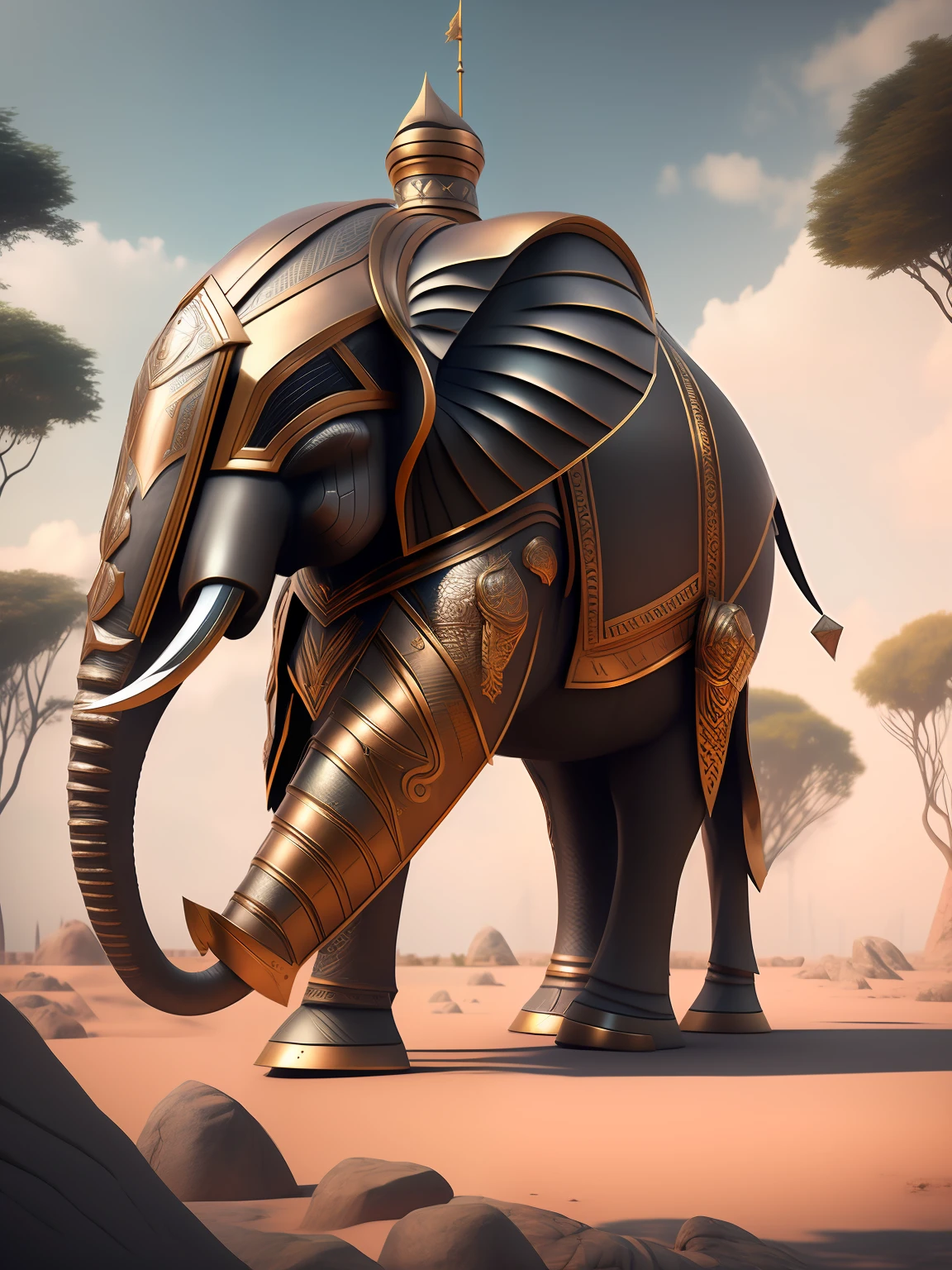 There is an elephant statue in armor with a helmet.., Armored Elephant Knight, fantasy character octane render, Elephant King, hyperdetailed fantasy character, fantasy style 8 k octane render, The gigantic elephant king.., wlop : : 6-octane display : : 3, 3 d render stylized, 3D character display, (octanerender) Fantasy style