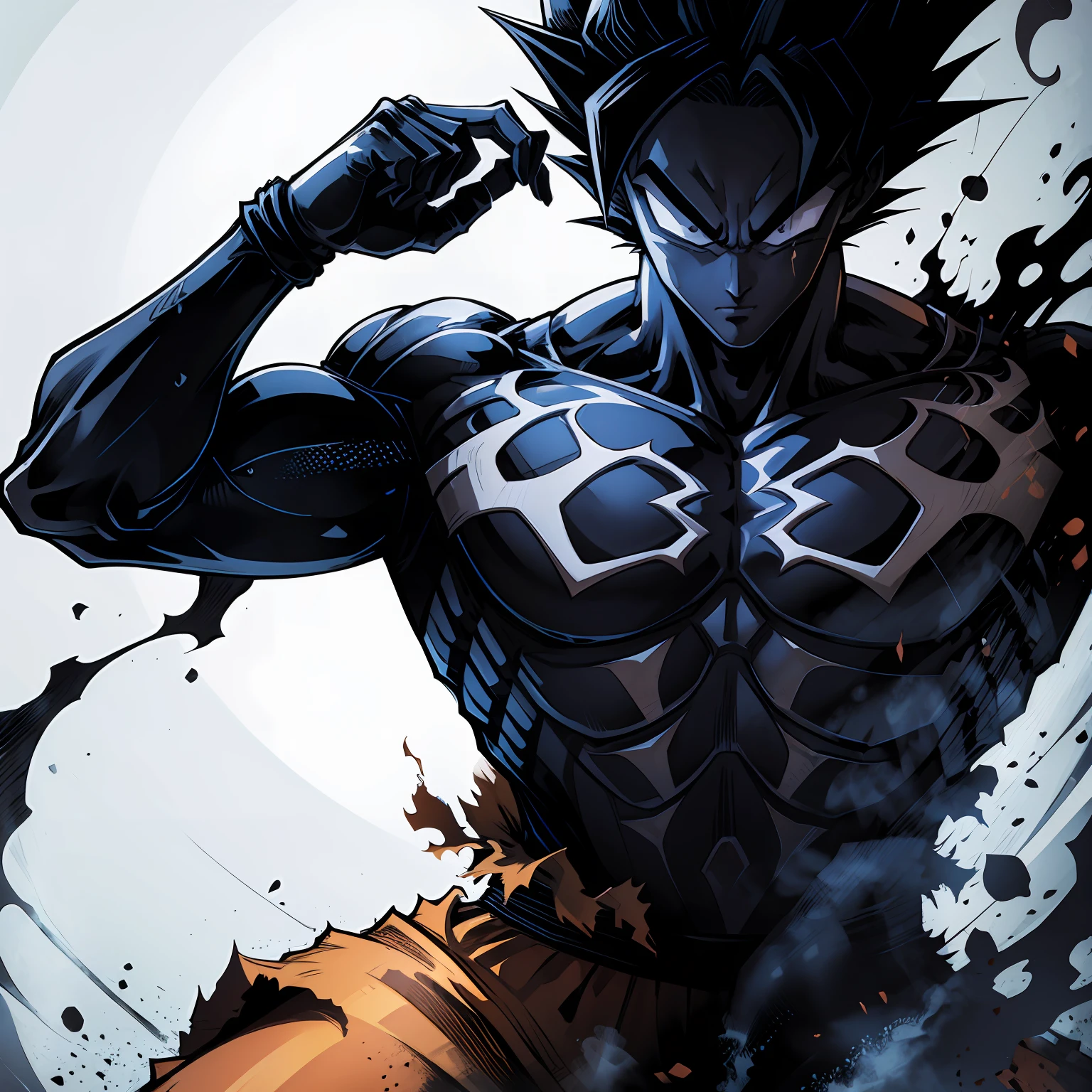 ((super saiyan son goku with the venom symbiote)), solo character, dragonball style, spray, high quality detailed art,