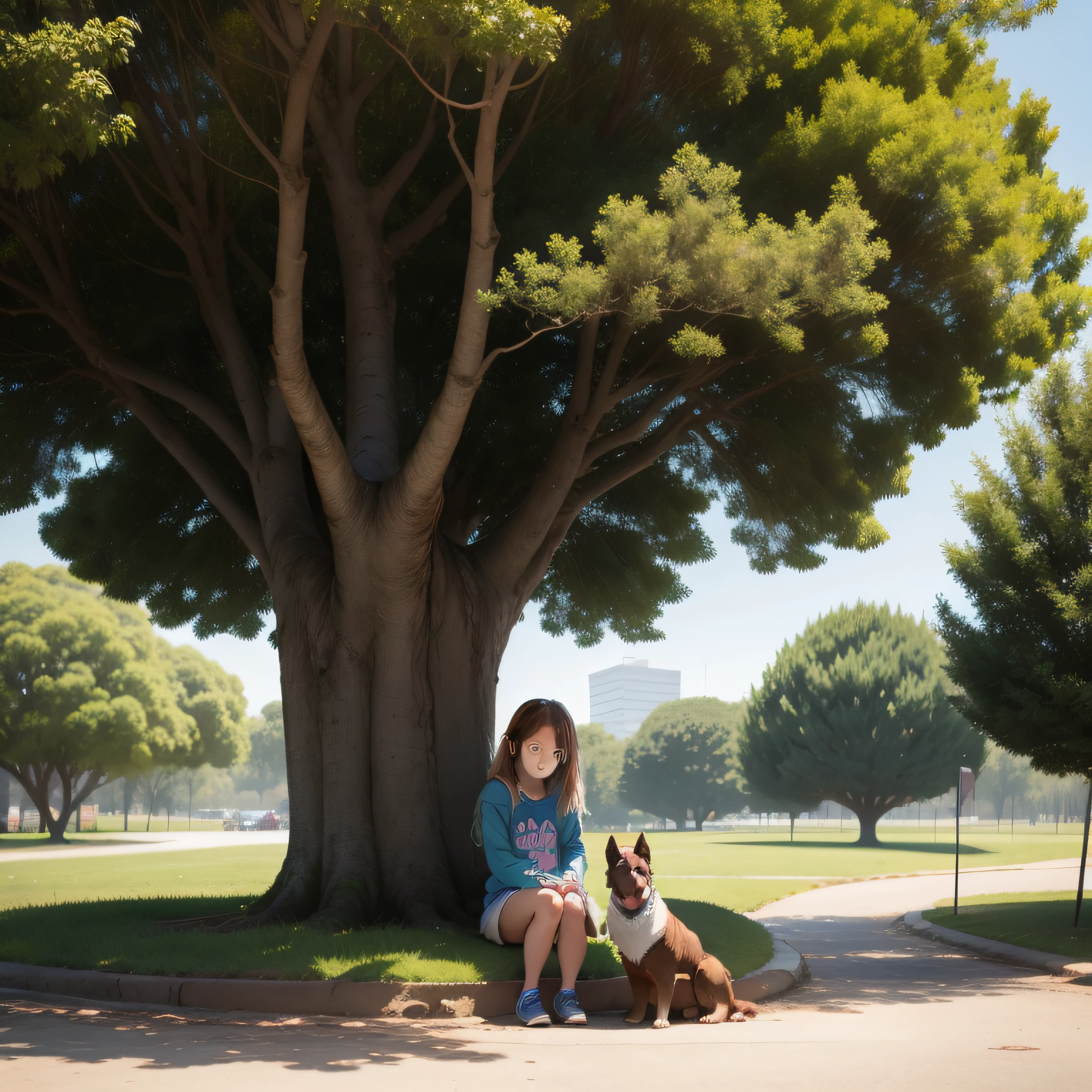 Uma foto de uma humana de 5 anos com um cachorro, in a park with a tree in the background