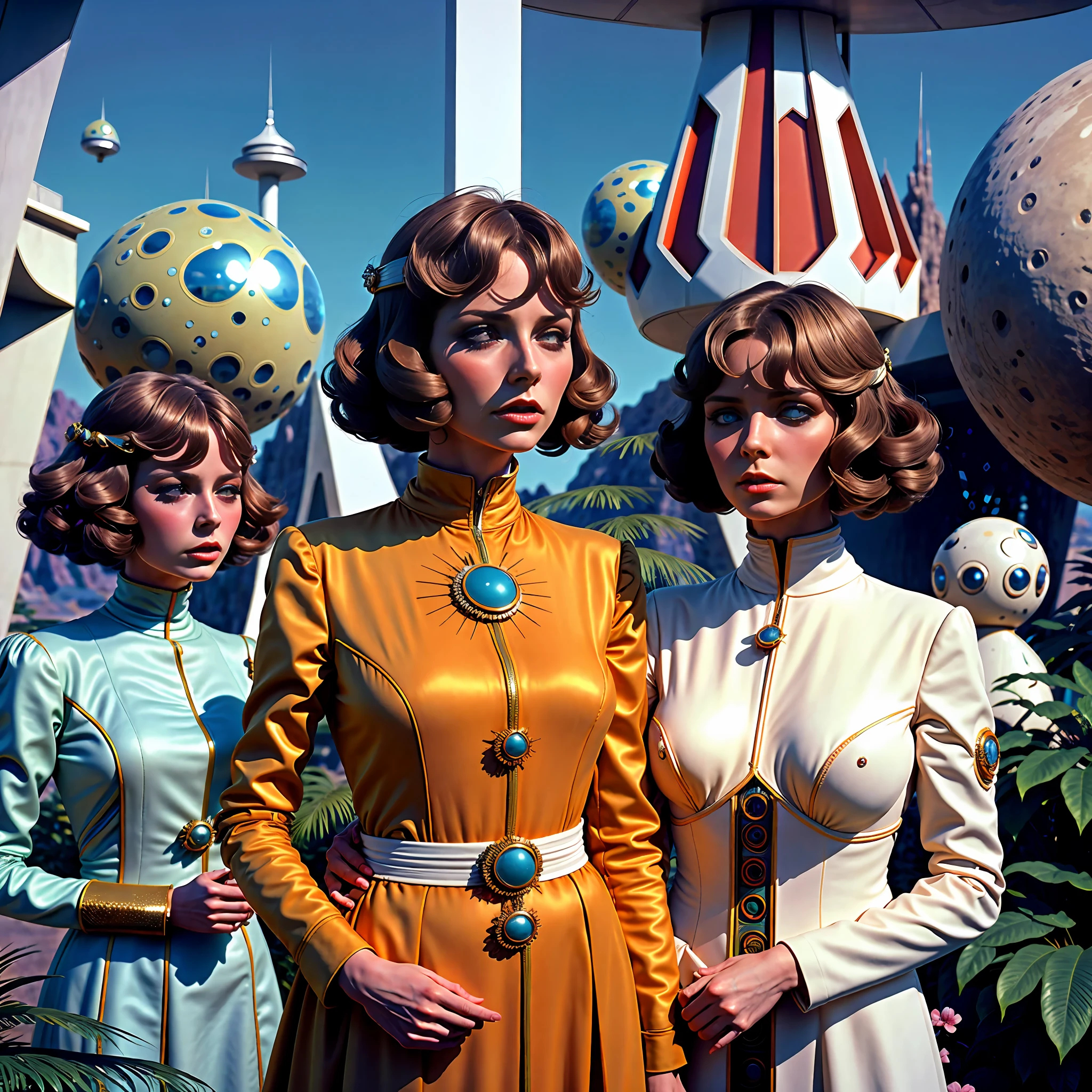 4k image from a 1970s science fiction film, imagem real, Estilo Stanley Kubrick, pastels colors, people wearing retro-futuristic fashion clothes and futuristic technological ornaments and devices in the cafeteria, luz natural, cinemactic, Psicodelia, futurista estranho, retro-futurista, photo-realistic, olhos reais, perfect hands, cabelo perfeito, ricos detalhes do rosto, hiper detalhado, hyper realistic, textura real da pele, texturas de tecido real, Sharp background details, sharp render, Sci-fi dos anos 1970, photo taken with an ARRI Alexa camera with panavision sphero 65 lens.