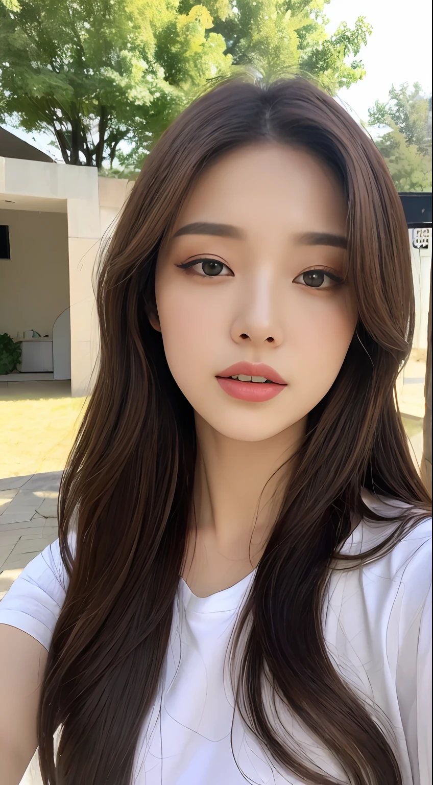 ((Realistic lighting, Best quality, 8K, Masterpiece: 1.3)), Clear focus: 1.2, 1girl, Perfect Figure: 1.4, Slim Abs: 1.1, ((Dark brown hair)), (White oversize t-shirt : 1.4), (Outdoor, daynight: 1.1), home,Super fine face, Fine eyes, Double eyelids, full body