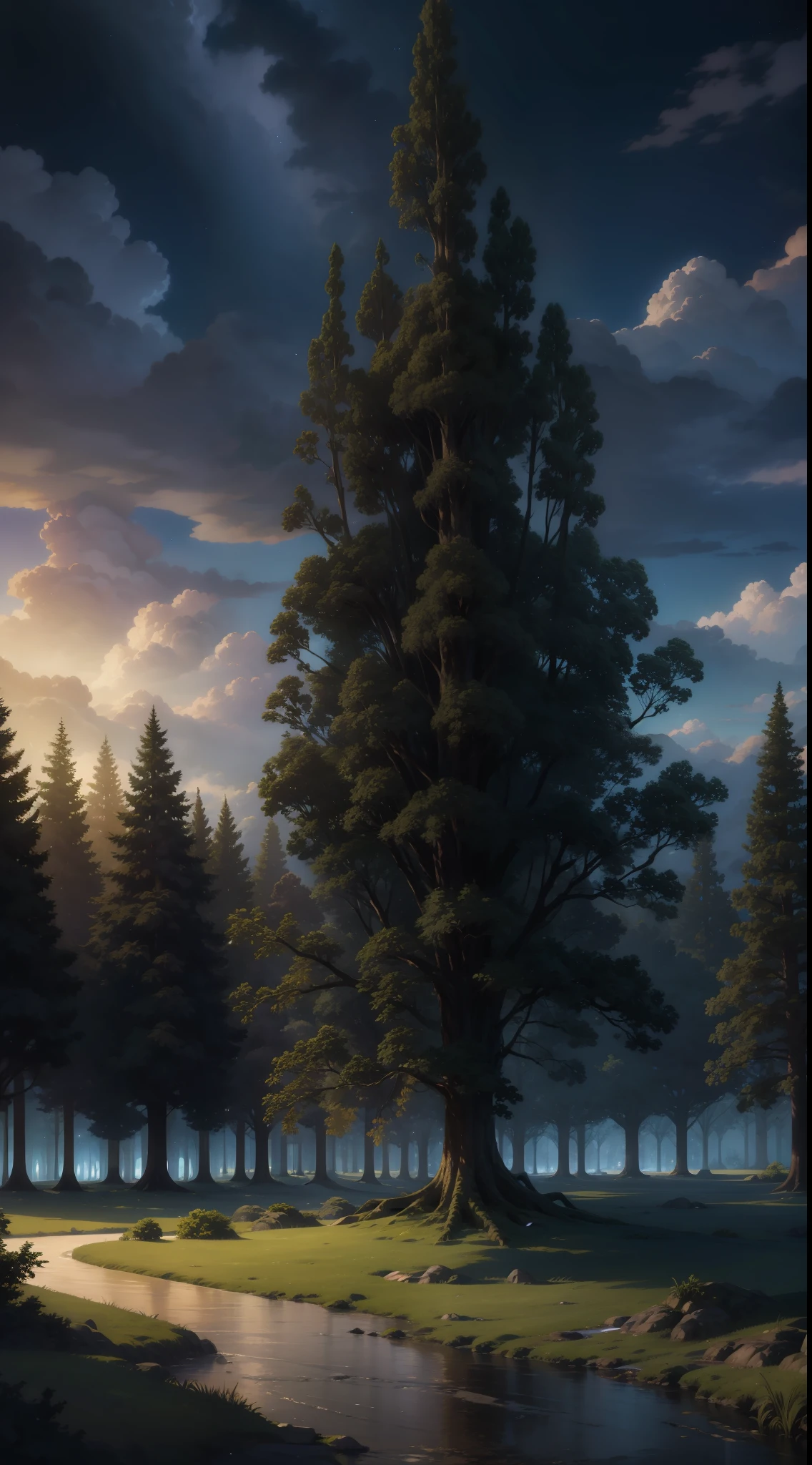 Illustration of a hyperrealistic , otherworldly, ultrasky scene featuring a giant crystal tree full body,very detailed and magical lighting, intricate forest details, vegetation and river around, solarpunk ,landscape, giant tree, beatifull leafy with beautiful lighting and realistic proportions, as if it were a cinematic background, 8k, highest quality, masterpiece, clouds and stars in the sky.
