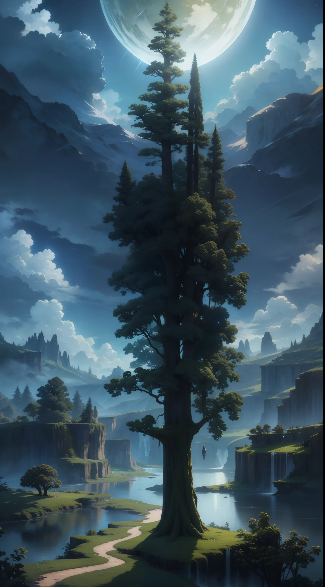 Illustration of a hyperrealistic , otherworldly, ultrasky scene featuring a giant crystal tree full body,very detailed and magical lighting, intricate forest details, vegetation and river around, solarpunk ,landscape, giant tree, beatifull leafy with beautiful lighting and realistic proportions, as if it were a cinematic background, 8k, highest quality, masterpiece, clouds and stars in the sky.