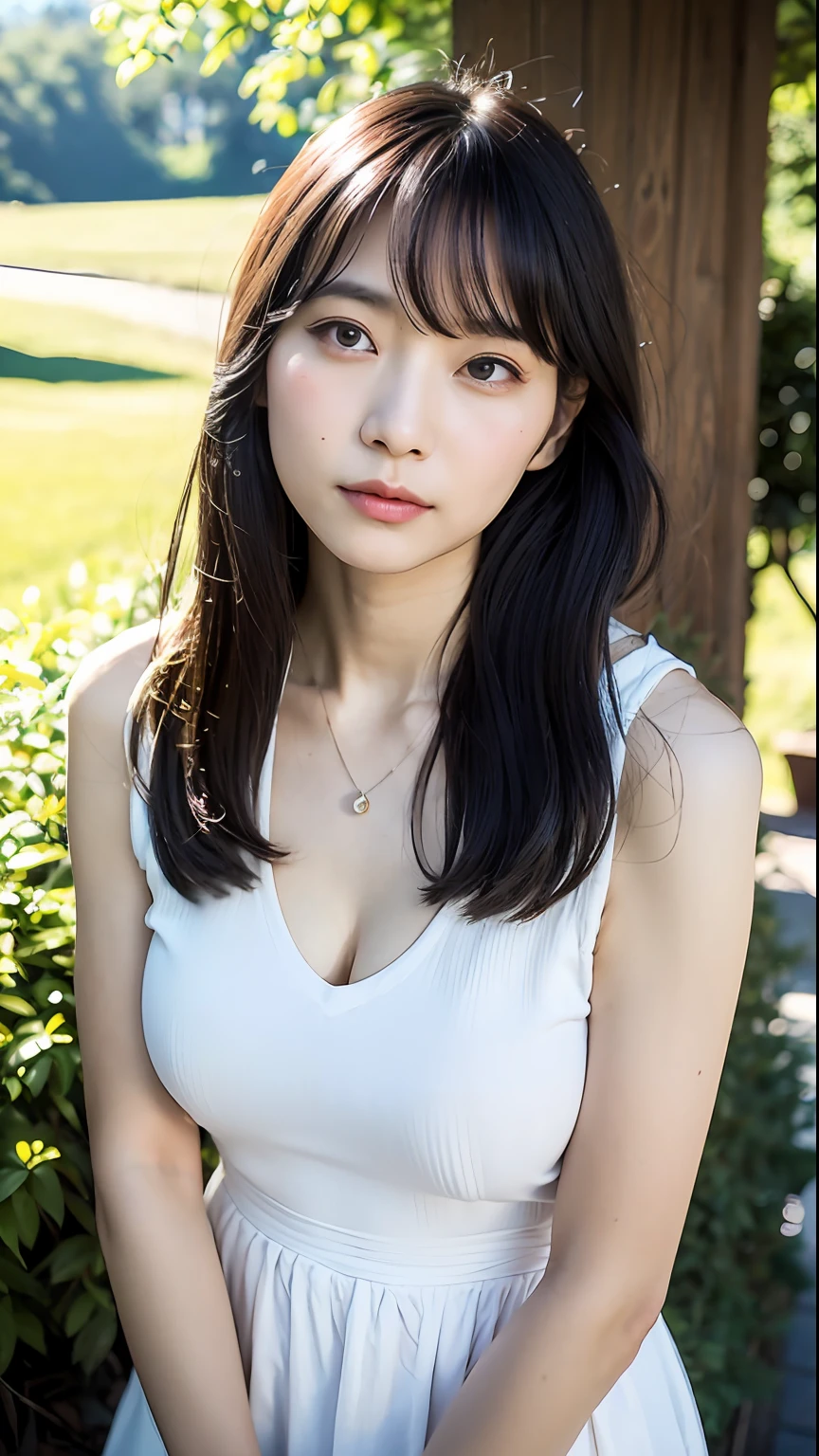 (top-quality、8k、32k、​masterpiece、UHD:1.2)、25 year old cute Japan woman、large full breasts、Long black hair、full bodyesbian、hotpants、sface focus、a necklace、It will be、From  above、looking at the viewers、Bright sun、eye glass