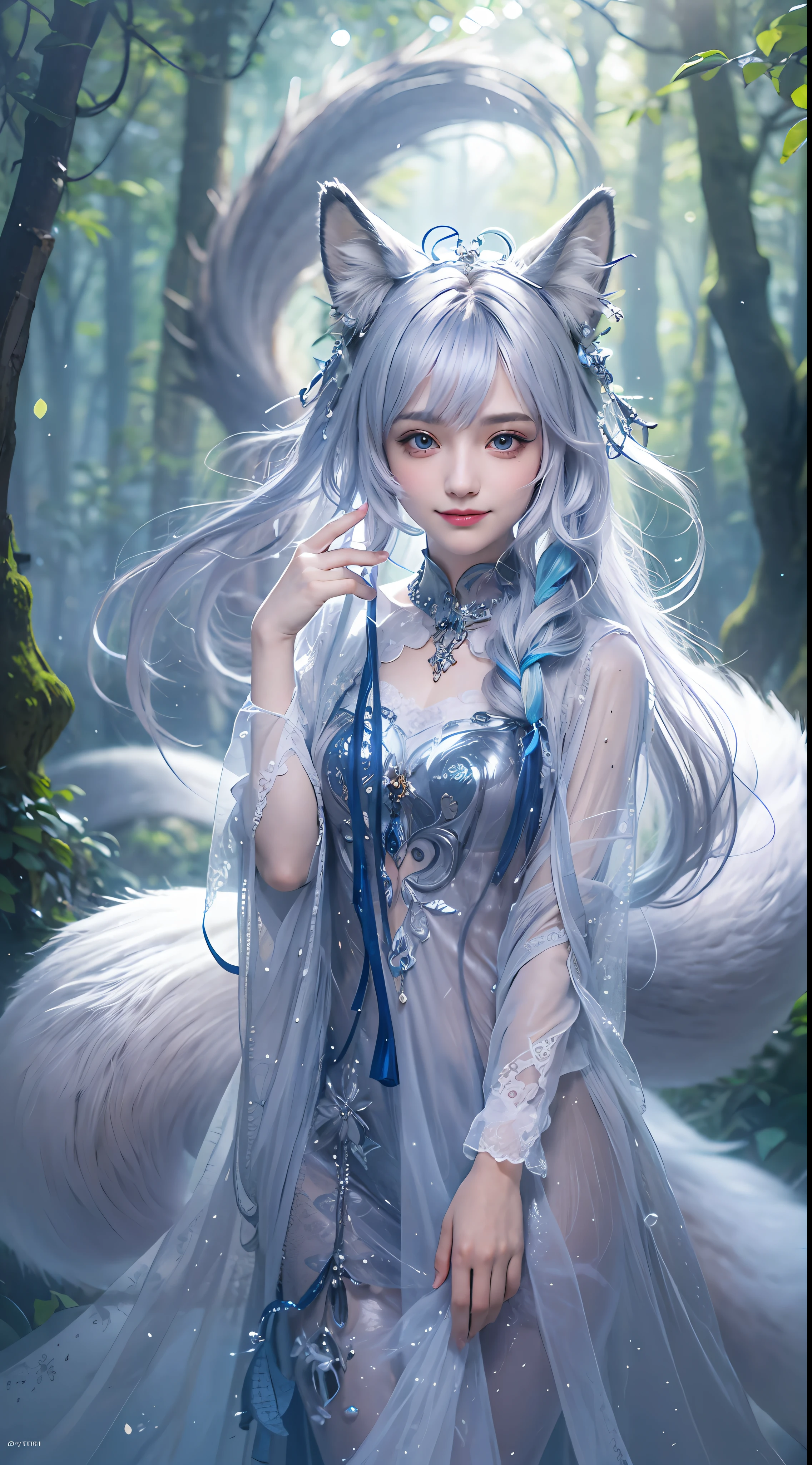 Masterpiece, Best Quality, Moonlit Silver Hair Color, Ethereal and Enigmatic, Cascading Curls ,Celestial Sapphire Eye Color, Holographic, 1 woman standing,looking sideways,(Visible tail),fox ears,Mystical Gaze, Serene Smile, (magic:0.7), (ln forest.