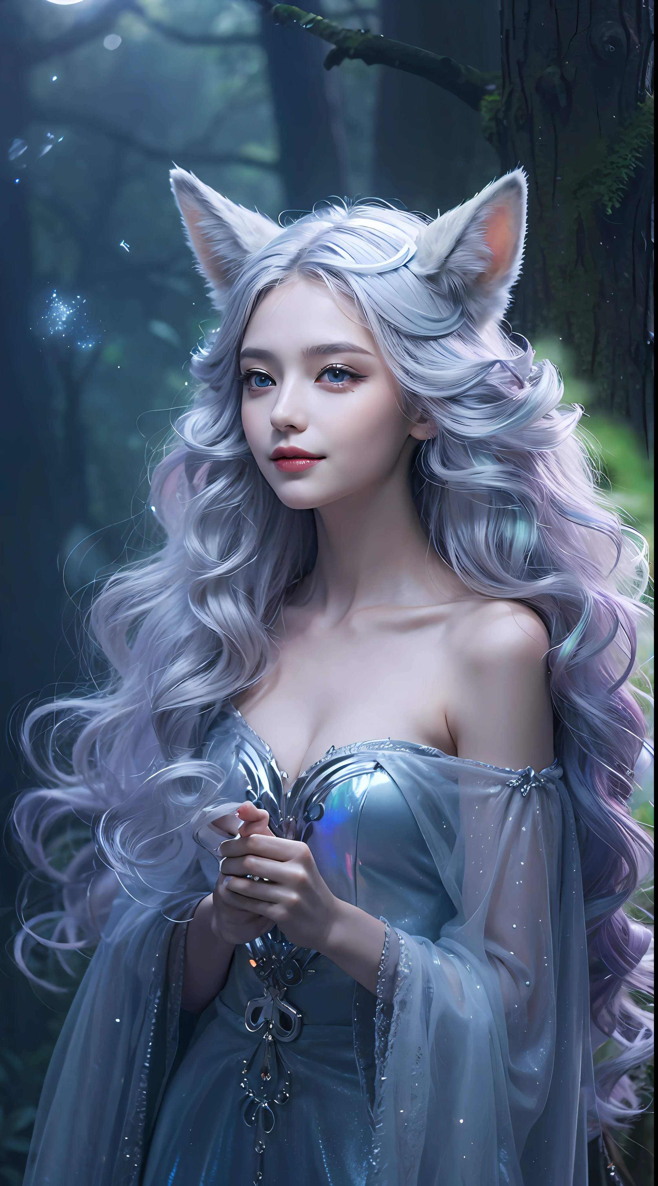 Masterpiece, Best Quality, Moonlit Silver Hair Color, Ethereal and Enigmatic, Cascading Curls ,Celestial Sapphire Eye Color, Holographic, 1 woman standing,looking sideways,(Visible tail),fox ears,Mystical Gaze, Serene Smile, (magic:0.7), (ln forest.