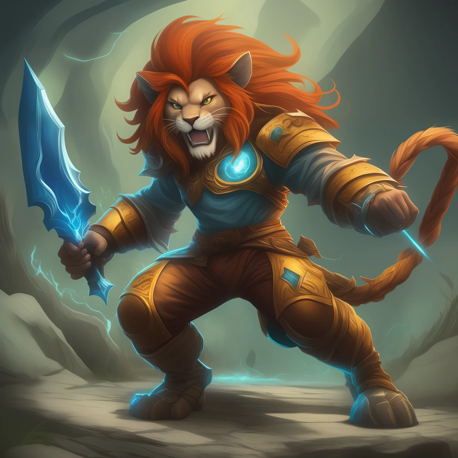 Cartoon,melhor qualidade, master part, circunstanciado,thander lion cat. personagem lion-oQuiron, 1man Leo , red hair, Rampage, roupa azul, Usando Espada, lutar, action pose, Alerta negativo: EasyNegative, pior qualidade, baixa qualidade, qualidade normal, Lowres Passos: 30, tamanho: Placa 512x768, Semente: 3259842268, model: Dreamshaper_7, Sampler: DPM++ 2M Karras, Escala CFG: 9, Pular clipe: 2, Hash do modelo: ed989d673d, Hires steps: 17, Hires upscale: 2, Contrata upscaler: R-ESRGAN 4x+ Anime6B, Denoising strength: 0.49