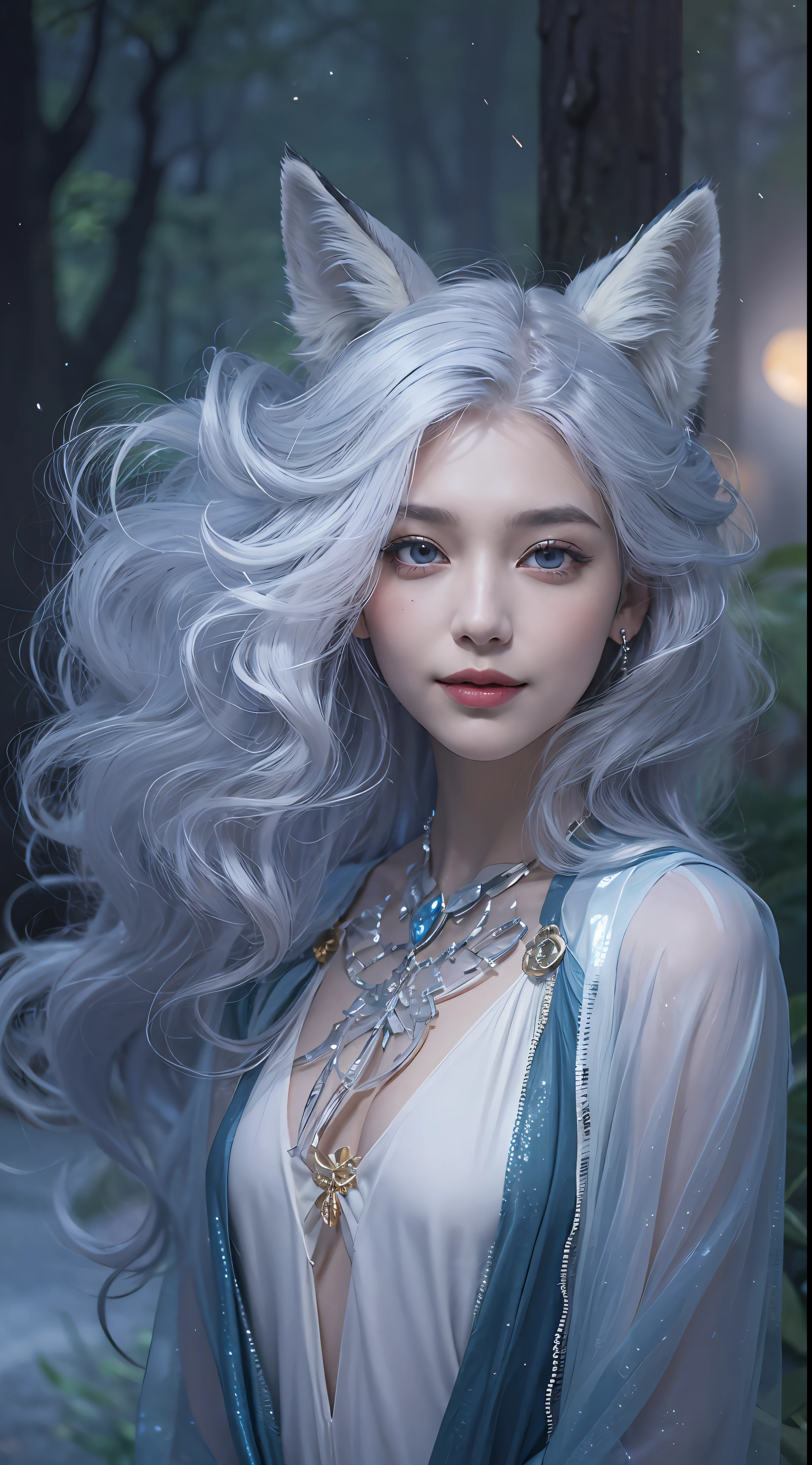 Masterpiece, Best Quality, Moonlit Silver Hair Color, Ethereal and Enigmatic, Cascading Curls ,Celestial Sapphire Eye Color, Holographic, 1 woman standing,looking sideways,(Visible tail),fox ears,Mystical Gaze, Serene Smile, (magic:0.7), (ln forest.