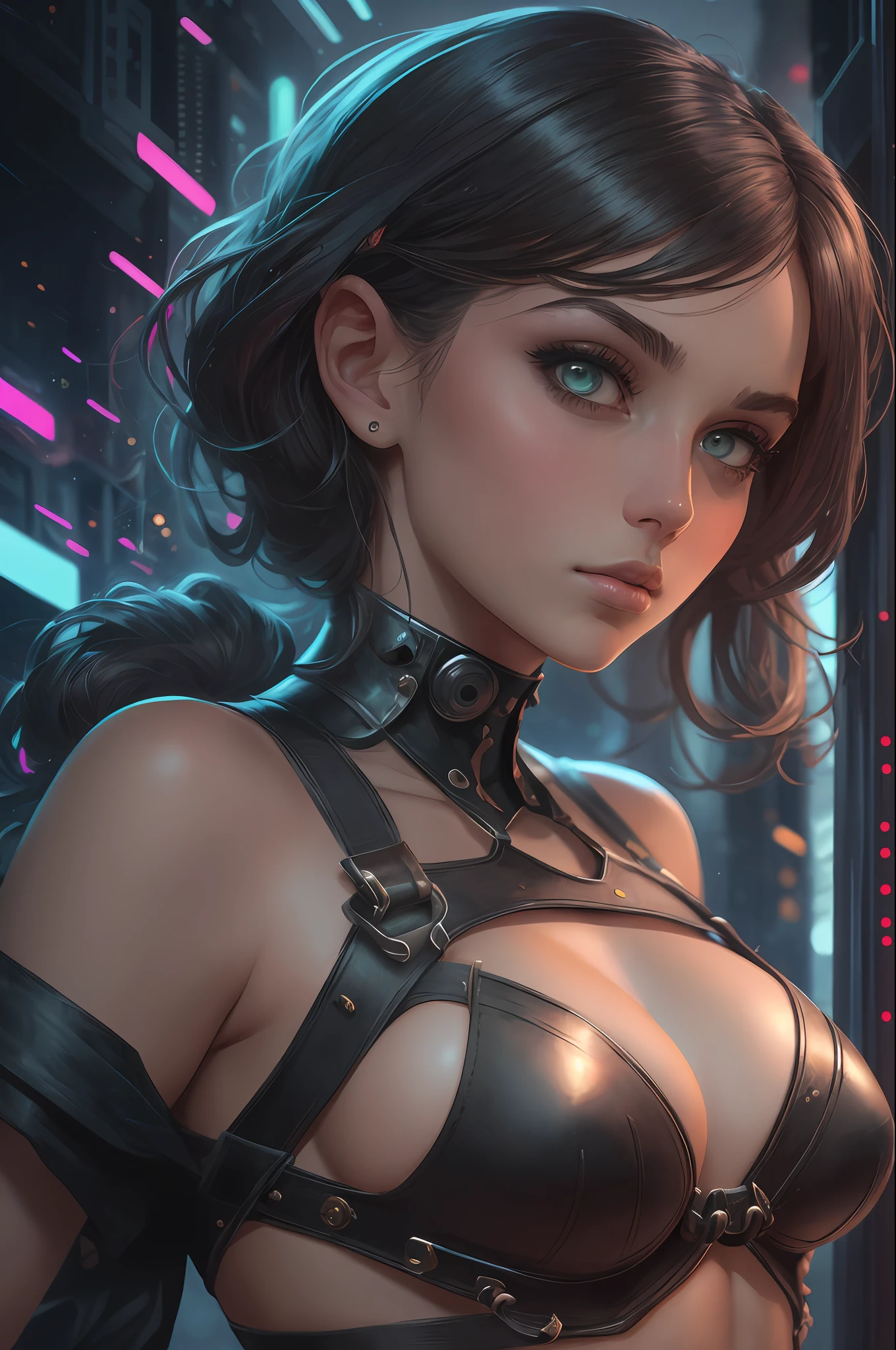 beautiful  illustration of a perfect hot teenage cyberpunk girl, big breasts, body harness, set against a dark and moody cyberpunk background, the scene is intricately detailed, with smooth brushstrokes creating a highly realistic digital painting, spot lighting, cinematic lighting, casting sharp shadows and enhancing the sparkling effect of her skin, this unique artwork is inspired by the styles of artgerm, Greg Rutkowski, and alphonse mucha --auto --s2