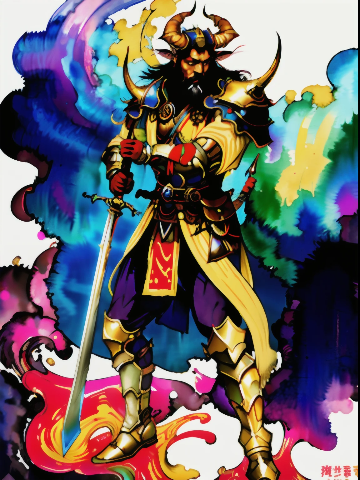 1 red skinned tiefling with 2 black horns, black long hair and black beard, Final fantasy, amano yoshitaka, fantasy,scifi, complex background paladin, battle stance, big golden claymore sword, green and yellow checkerboard pattern shirt with metal gloves and paladin armor (full body), (dynamic pose) water color painting , muted color wallpaper, abstract, details, masterpiece, best quality, artstation, japanese inspired