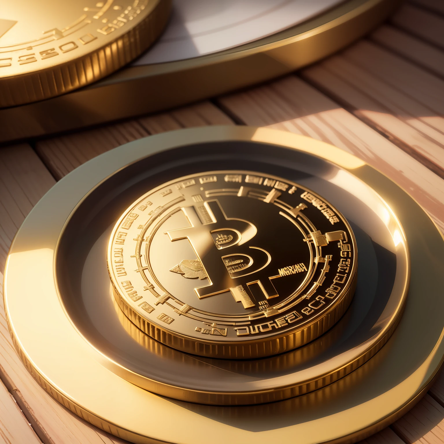 Make the image of a coin in great detail, moeda bitcoin 3d, realista, em cima de uma mesa, escrito nas bordas arredondados coloque "BITCOIN C&I Consult"
