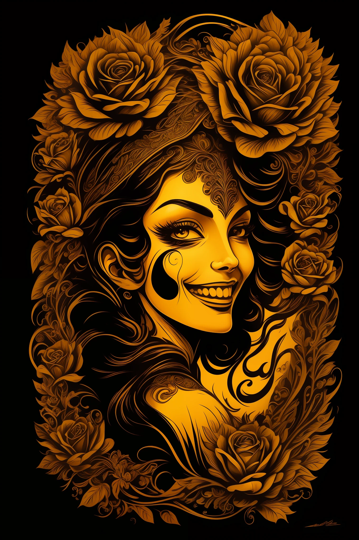 (High quality Chicano airbrush art),(masterpiece, best quality, ultra-detailed),ultra-detailed,8K resorution,(full-length portrait),(black background),(symmetrical),(Vertical symmetry),(beautiful woman, malicious smile)),((brightly colored)),t-shirt design,roses, gold and black, symmetrically placed on both sides,(detailed additions),(iconography),(Lavi Zupa:1.2),high contrast