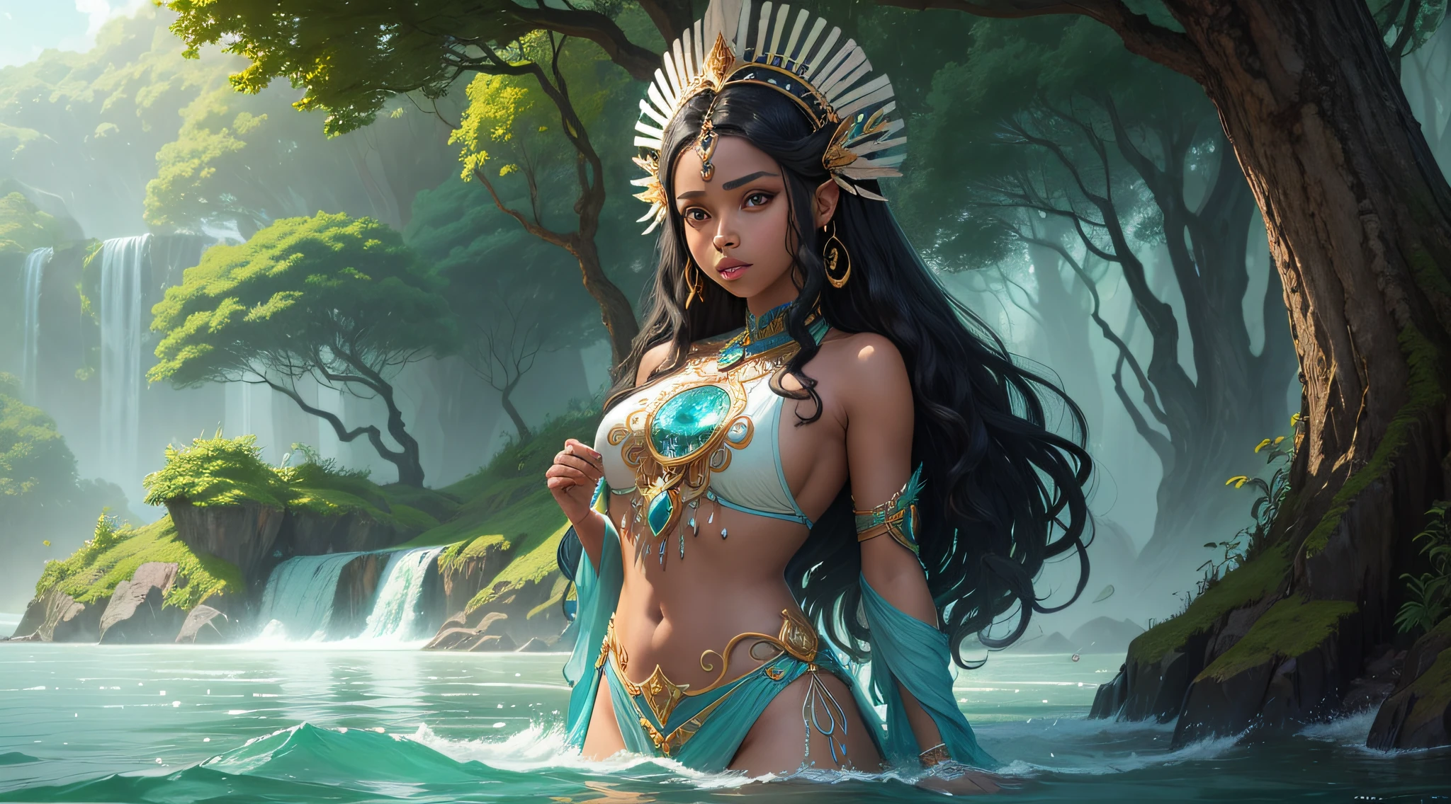 Em uma imagem fantasiosa da Iara, A legendary figure of Brazilian indigenous mythology, with black features, We see an aquatic and mystical goddess, who personifies the beauty and mystery of the waters, while celebrating the ethnic diversity of indigenous people.
She is depicted emerging from the depths of a serene river, envolta em uma aura de encanto e empoderamento.
Iara's skin is a dazzling black hue, representing his connection to African ancestry and the spiritual realm of the waters.
Seus cabelos longos e cacheados, also blacks, fluem ao redor dela, misturando-se com as correntes do rio, and are adorned with feathers and colored beads, representing their connection to indigenous culture and nature.
Iara is dressed in a fluid, sparkling tunic, which resembles the texture of waters and algae, making it one with the aquatic environment.
in her hands, ela segura uma concha brilhante, that radiates light and emanates a mystical melody, symbolizing his magical powers and his ability to enchant and seduce travelers approaching the waters.
Ao seu redor, peixes de cores vivas nadam em harmonia, symbolizing its connection with marine life and the abundance of rivers.
in sky, a lua cheia brilha intensamente, casting a soft glow over the scene, highlighting the mystical and enigmatic nature of Iara.
The scenery is a lush and serene landscape, with waterfalls and aquatic plants, reflecting her position as goddess of water and aquatic charms.
This fanciful image of Iara with black features personifies her magical and empowered aura, retratando-a como uma deusa graciosa e encantadora. She is represented as a divine figure whose presence inspires admiration and veneration, while she rules over the rivers and the hearts of the navigators, enchanting them with its beauty and mystical powers, while celebrating the ethnic diversity of indigenous people.