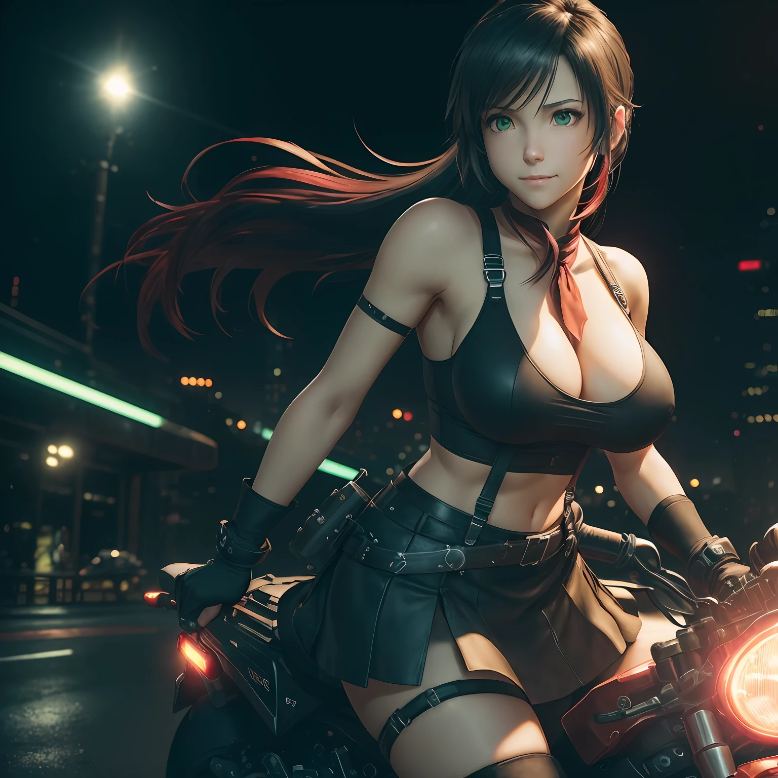 (8K, Best Quality, Masterpiece:1.2), (Realistic, Photorealistic:1.37), Ultra Detail, 1 Girl,Cute, Solo, (Tipha Lockhart), (Big Tifa),(Beautiful Detailed Eyes), (Smile:1.2), (Closed Mouth), Erotic Pose, Dance, Neon Lights, Cityscape, Depth of Field, Dark Strong Shadows, Sharp Focus, Car, Motion Blur, Motorbike, depth of field, good composition, glowing green, final fantasy vii, date,(blush), single elbow pads, ankle boots, black hair, black thighs, red boots, elbow gloves, elbow pads, fingerless gloves, taut shirt, sports bra, (suspenders black skirt), thighs, white tank top, full body, headrest, lips, pretty face, long low tie hair, (((red_ eyes)), yellow flowers, (night: 1.3), complex, bokeh, movie lighting, photon mapping, radiosity, physically based rendering, (Tetsuya Nomura style), NSFW, perfect breasts --auto