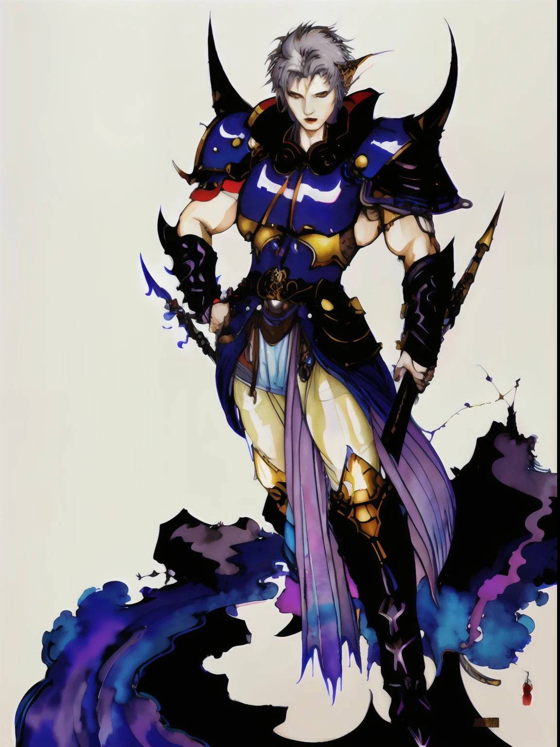 1 pale skinned androgynous pretty male half elf with dark makeup and messy medium shortness grey hair, Final fantasy, amano yoshitaka, fantasy,scifi, complex background cleric, battle stance, magical staff, metal and leather cleric armor (full body), (dynamic pose) water color painting , muted color wallpaper, abstract, details, masterpiece, best quality, artstation, japanese inspired, yoshitaka amano style, yoshitaka inspired, final fantasy inspired