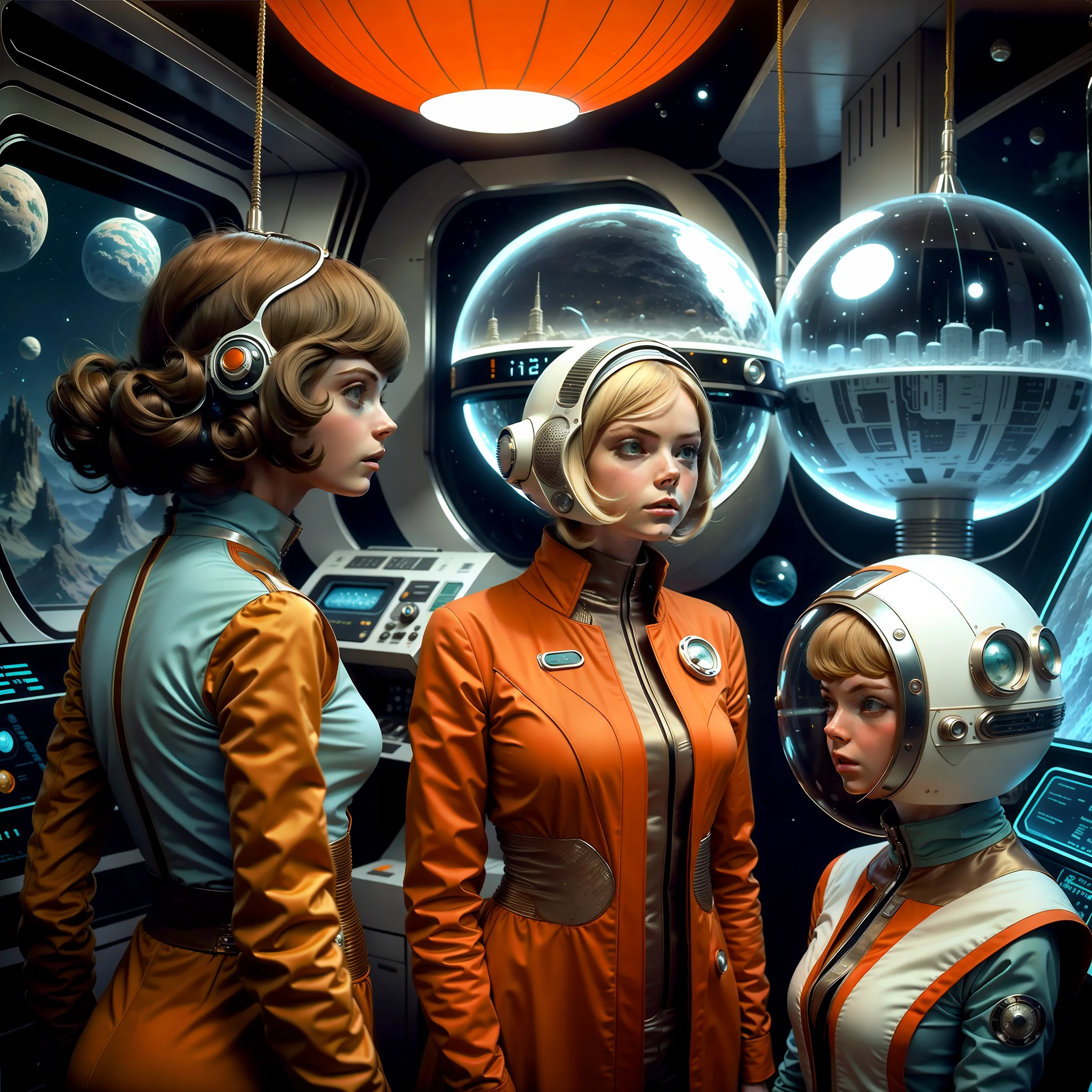 Two women in spacesuits stand next to a man in a space suit, Retro Sci - Imagem de FI, 1 9 6 0's sci - fi, 7 0's vintage sci - estilo fi, Elle Fanning como um androide, retro science fiction film, 7 0 s science fiction, Retro Sci - Science fiction film, 1 9 7 0's sci - fi movie