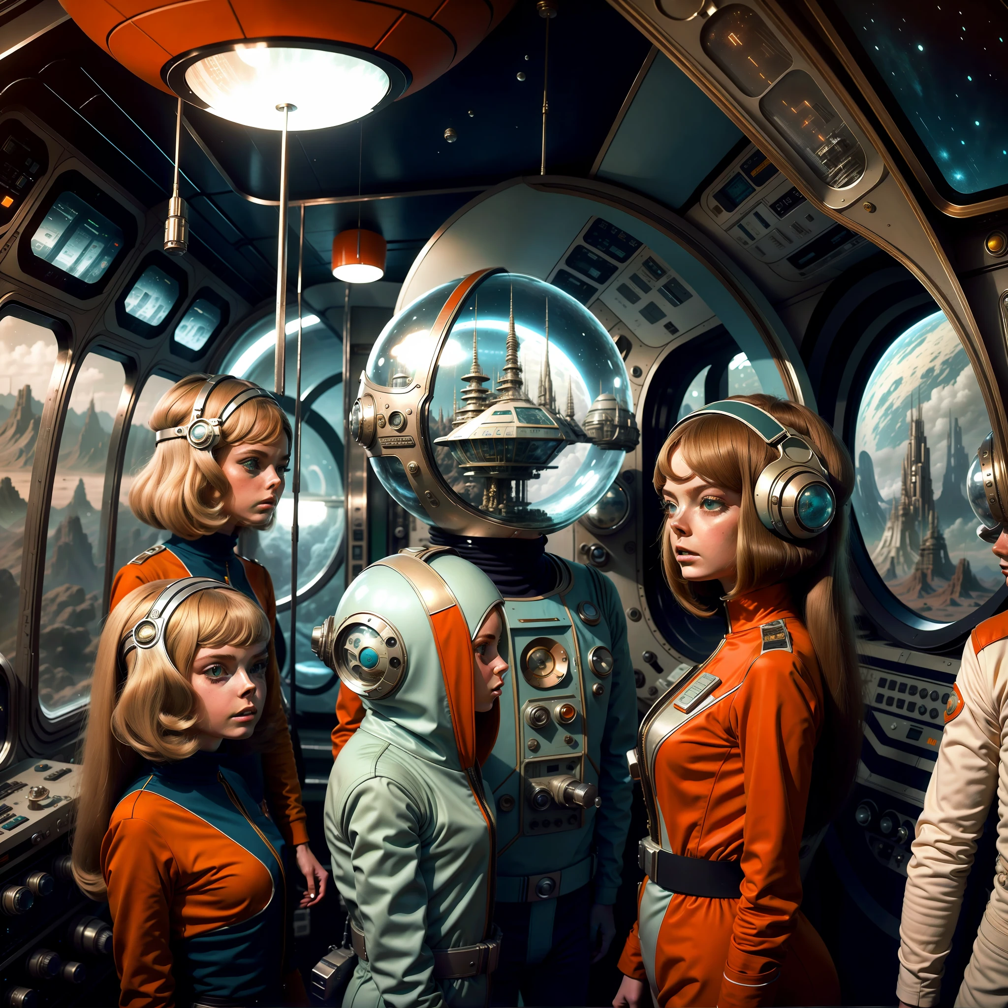 Two women in spacesuits stand next to a man in a space suit, Retro Sci - Imagem de FI, 1 9 6 0's sci - fi, 7 0's vintage sci - estilo fi, Elle Fanning como um androide, retro science fiction film, 7 0 s science fiction, Retro Sci - Science fiction film, 1 9 7 0's sci - fi movie