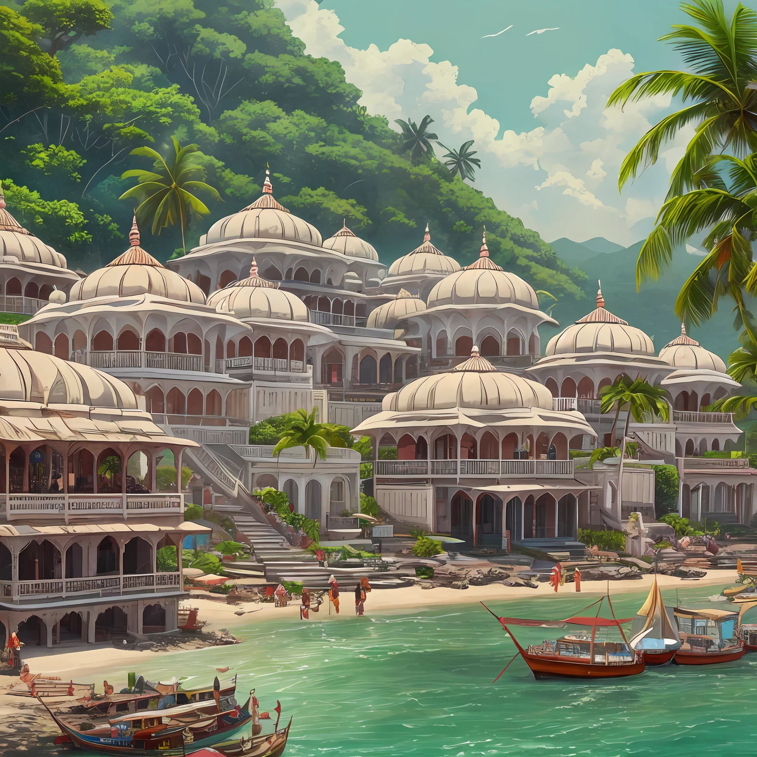 Tropical indian hindu island port, sunny, white sandy beaches, traditional indian ships, dock piers, crystal clear sea, anime-style, indian aesthetics, hindu aesthetics, dome roofs