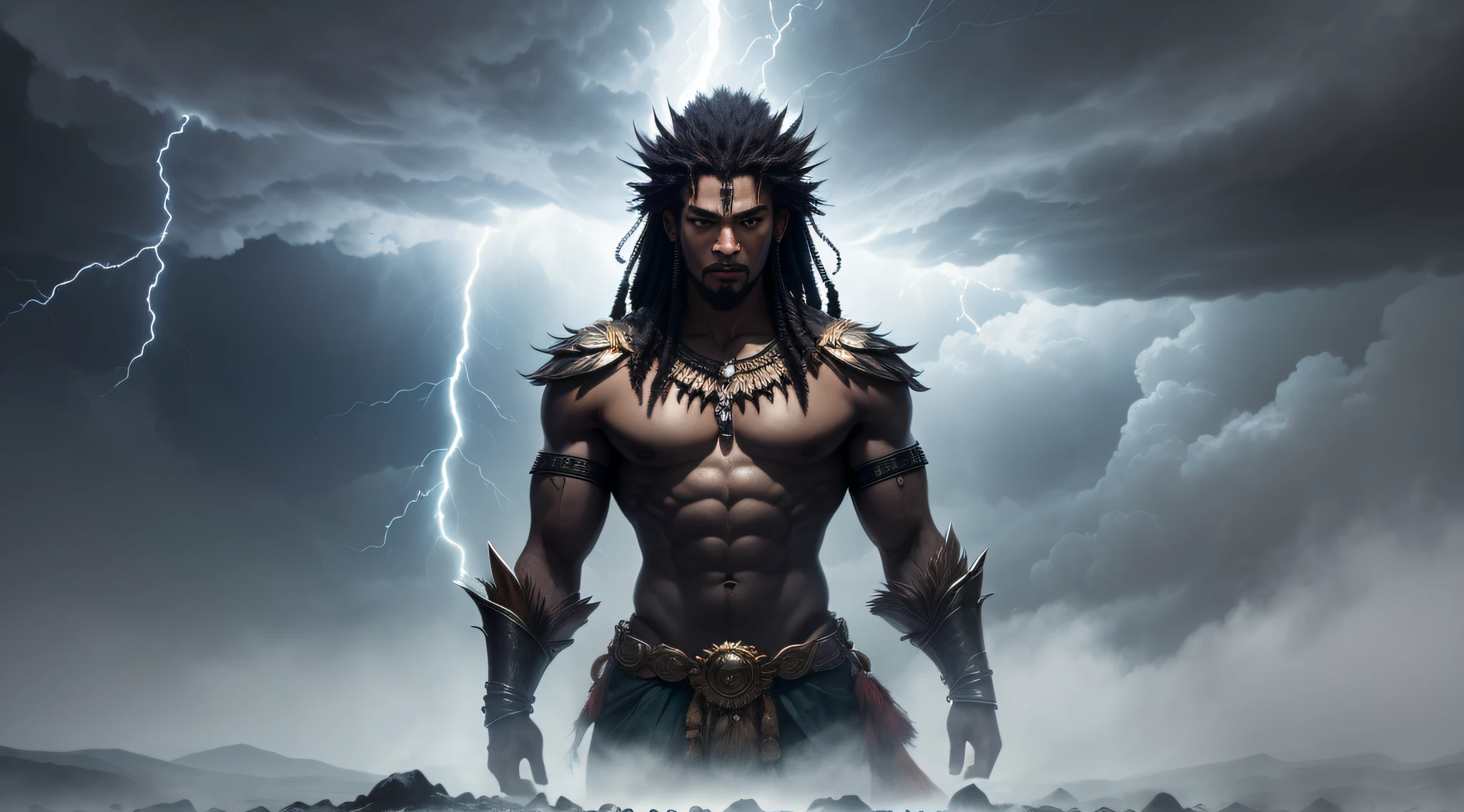 In a fanciful image of Tupã, The god of thunder in Brazilian indigenous mythology, with black features, vemos uma figura imponente e majestosa, shrouded in an aura of power and strength.
He is pictured in the middle of a storm, with lightning and lightning flickering around you, representing his connection to the elements of nature and his role as god of thunder.
Tupã's skin is of a resplendent black hue, symbolizing their strength and their African ancestry.
Seus cabelos crespos e negros flutuam como chamas, adding a sense of energy and dynamism to your image.
Tupã is dressed in tribal ornaments and a flowing tunic, feita de materiais naturais, como penas e peles de animais, representing its connection with the nature and fauna of the forest.
in her hands, ele segura um poderoso machado de pedra, symbolizing his role as warrior god and protector of indigenous tribes.
Ao seu redor, Forest animals and nature spirits gather, paying homage to this divine figure who is revered for his influence on the elements.
in sky, Dark and stormy clouds form dramatic patterns, highlighting the imposing and unpredictable nature of Tupã.
The scenery is a lush and wild landscape, with tall trees and winding rivers, reflecting his position as god of nature and the elements.
This fanciful image of Tupã with black features personifies his powerful and protective aura, retratando-o como um deus guerreiro e imponente. He is represented as a divine figure whose presence inspires respect and admiration, while he rules over thunder and lightning, protecting indigenous tribes and preserving the balance of nature in the forest.