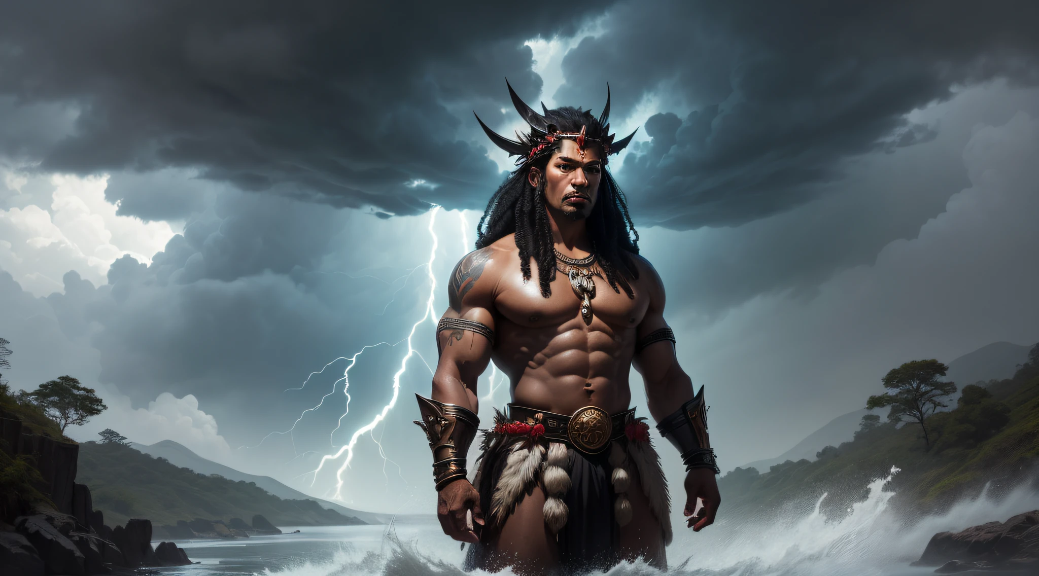In a fanciful image of Tupã, The god of thunder in Brazilian indigenous mythology, with black features, vemos uma figura imponente e majestosa, shrouded in an aura of power and strength.

He is pictured in the middle of a storm, with lightning and lightning flickering around you, representing his connection to the elements of nature and his role as god of thunder.

Tupã's skin is of a resplendent black hue, symbolizing their strength and their African ancestry.

Seus cabelos crespos e negros flutuam como chamas, adding a sense of energy and dynamism to your image.

Tupã is dressed in tribal ornaments and a flowing tunic, feita de materiais naturais, como penas e peles de animais, representing its connection with the nature and fauna of the forest.

in her hands, ele segura um poderoso machado de pedra, symbolizing his role as warrior god and protector of indigenous tribes.

Ao seu redor, Forest animals and nature spirits gather, paying homage to this divine figure who is revered for his influence on the elements.

in sky, Dark and stormy clouds form dramatic patterns, highlighting the imposing and unpredictable nature of Tupã.

The scenery is a lush and wild landscape, with tall trees and winding rivers, reflecting his position as god of nature and the elements.

This fanciful image of Tupã with black features personifies his powerful and protective aura, retratando-o como um deus guerreiro e imponente. He is represented as a divine figure whose presence inspires respect and admiration, while he rules over thunder and lightning, protecting indigenous tribes and preserving the balance of nature in the forest.