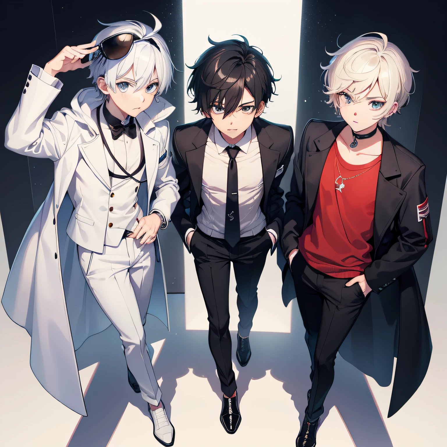 three boys, One of them wears a backwards cap and has black hair, em estilo anime. One of them wears a white suit and white pants with black sneakers and has white hair, em estilo anime. another wears an open white coat and on his head he has a crown and on his face he has sunglasses and has blonde hair. personagem estilo anime, como um personagem de anime, menino anime.