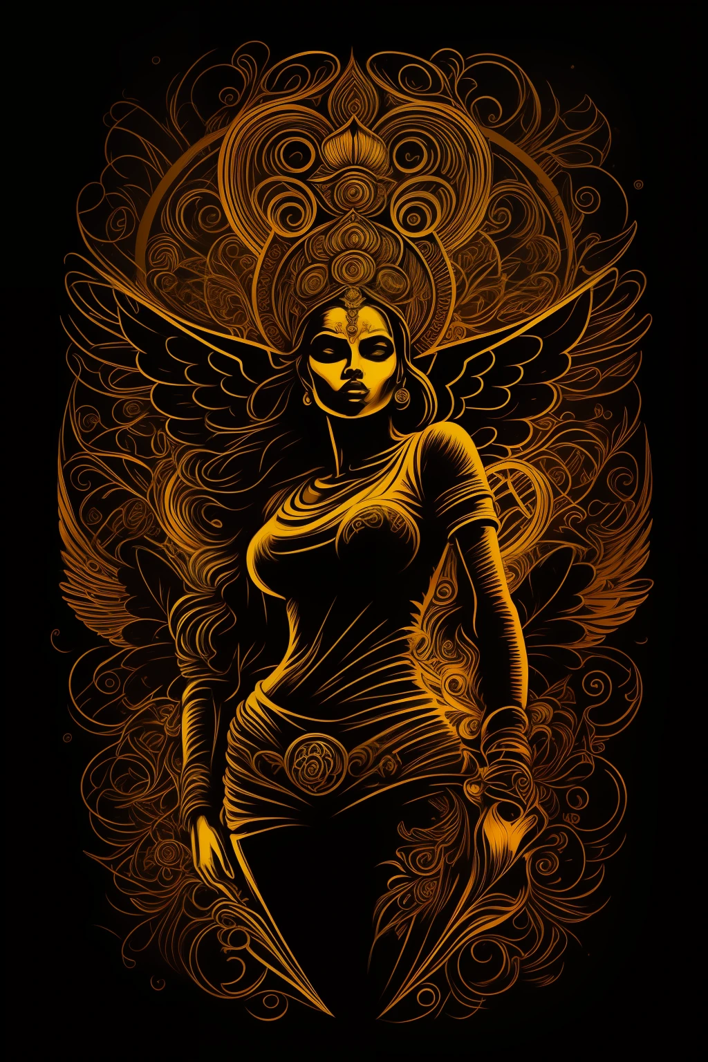 (High quality Chicano airbrush art),(masterpiece, best quality, ultra-detailed),ultra-detailed,8K resorution,(full-length portrait),(black background),(symmetrical),(Vertical symmetry),(beautiful woman, angel, Devil)),((brightly colored)),t-shirt design,roses, gold and black, symmetrically placed on both sides,(detailed additions),(iconography),(Lavi Zupa:1.2),high contrast